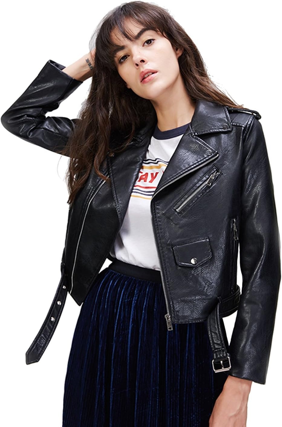 image:imageLY VAREY LIN Womens Faux Leather Motorcycle Jacket PU Slim Short Biker CoatBlack