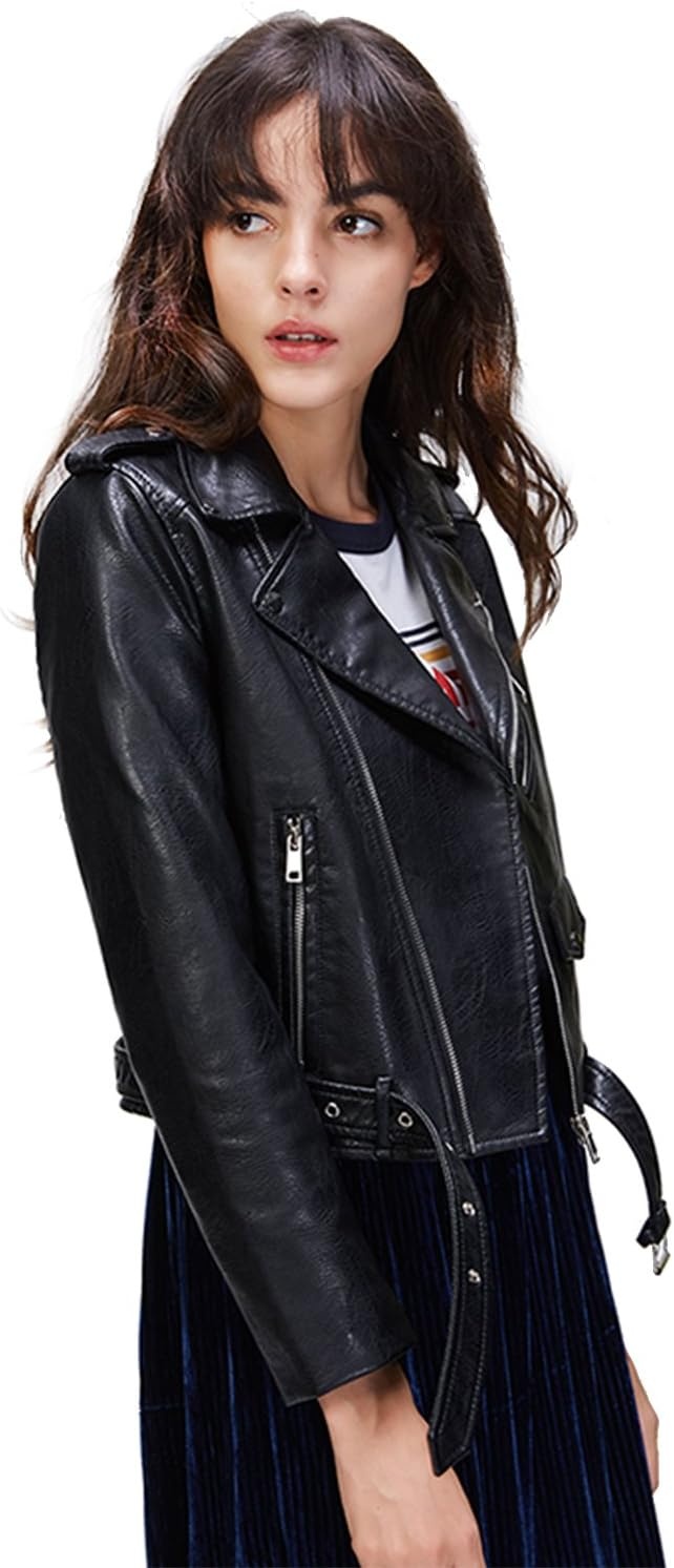 image:imageLY VAREY LIN Womens Faux Leather Motorcycle Jacket PU Slim Short Biker CoatBlack