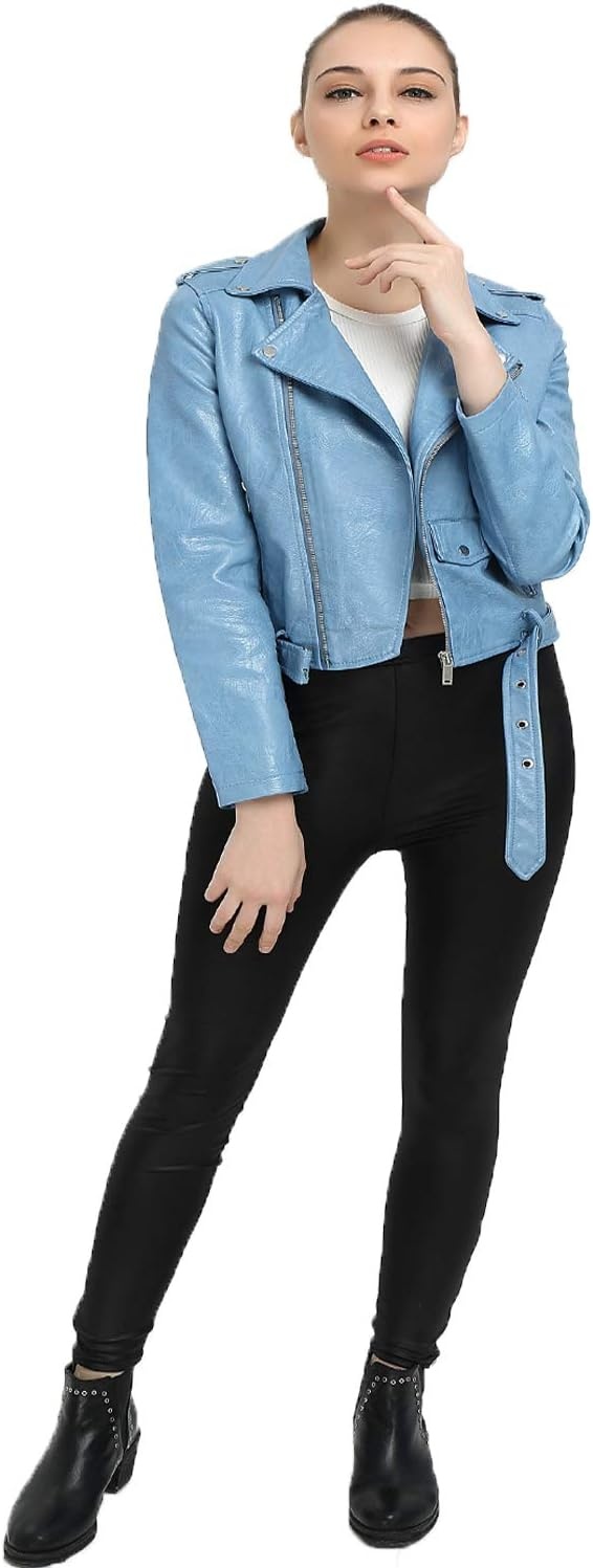 image:imageLY VAREY LIN Womens Faux Leather Motorcycle Jacket PU Slim Short Biker CoatBlue