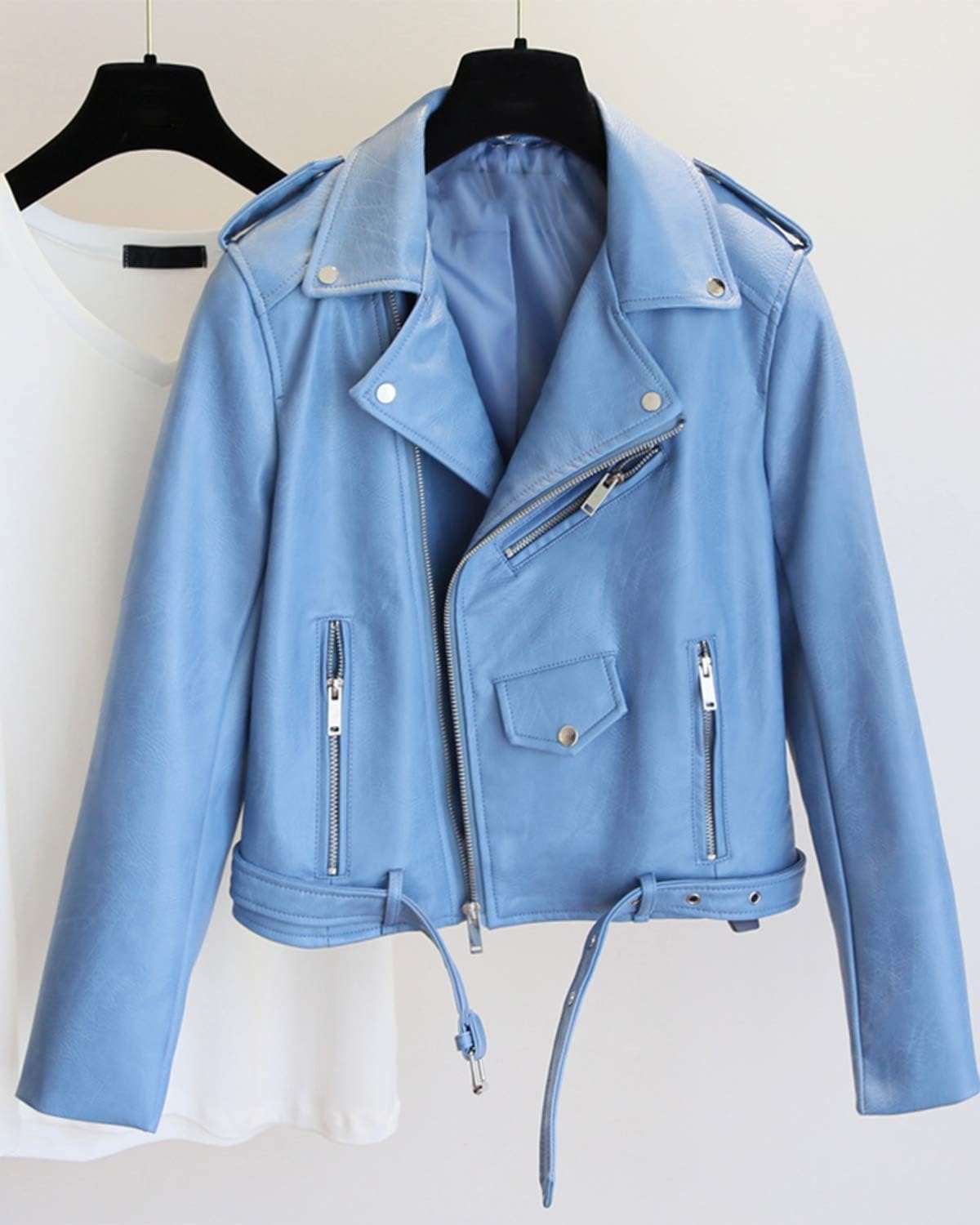 image:imageLY VAREY LIN Womens Faux Leather Motorcycle Jacket PU Slim Short Biker CoatBlue