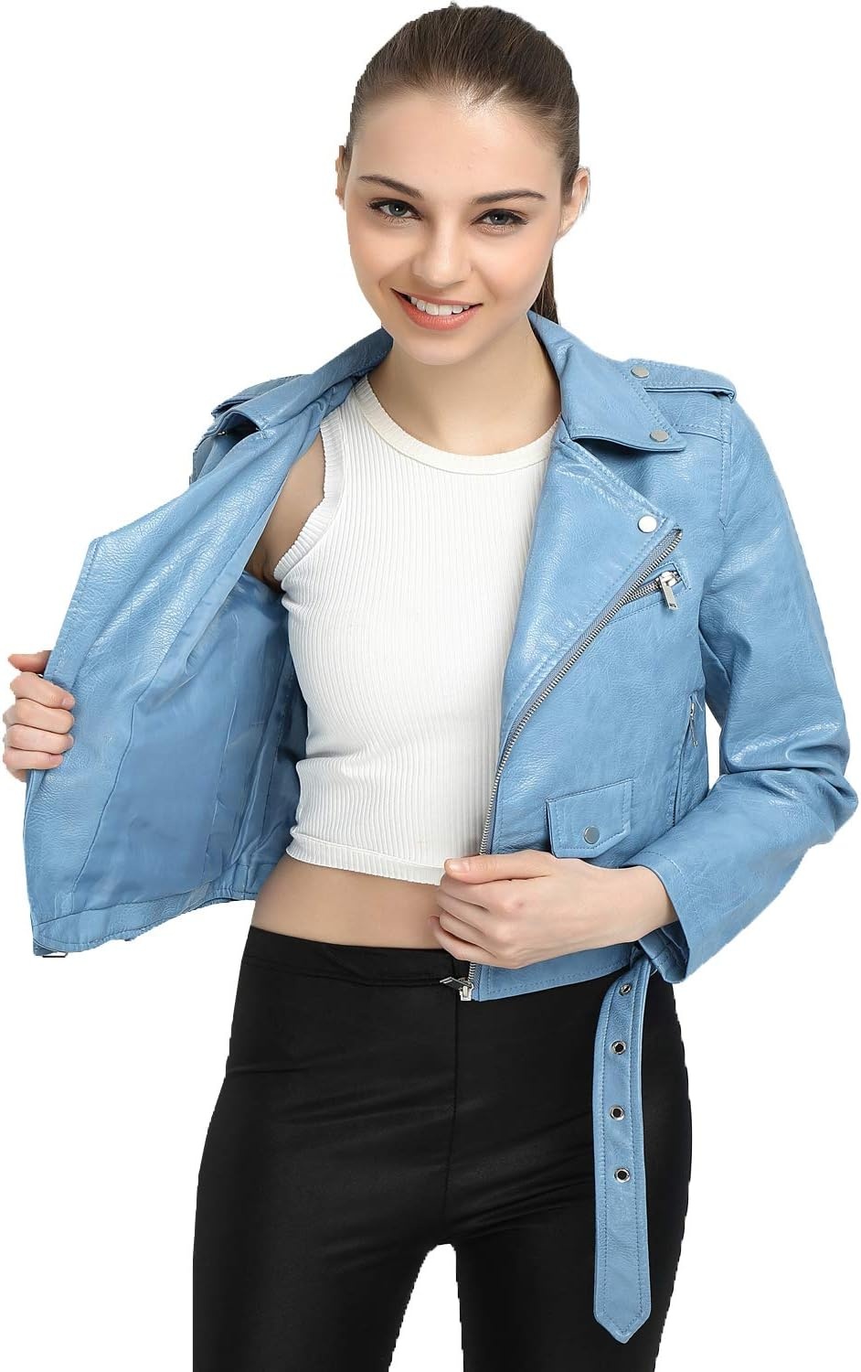 image:imageLY VAREY LIN Womens Faux Leather Motorcycle Jacket PU Slim Short Biker CoatBlue