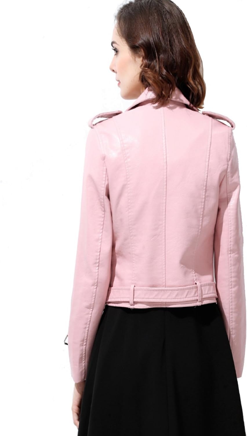 image:imageLY VAREY LIN Womens Faux Leather Motorcycle Jacket PU Slim Short Biker CoatPink