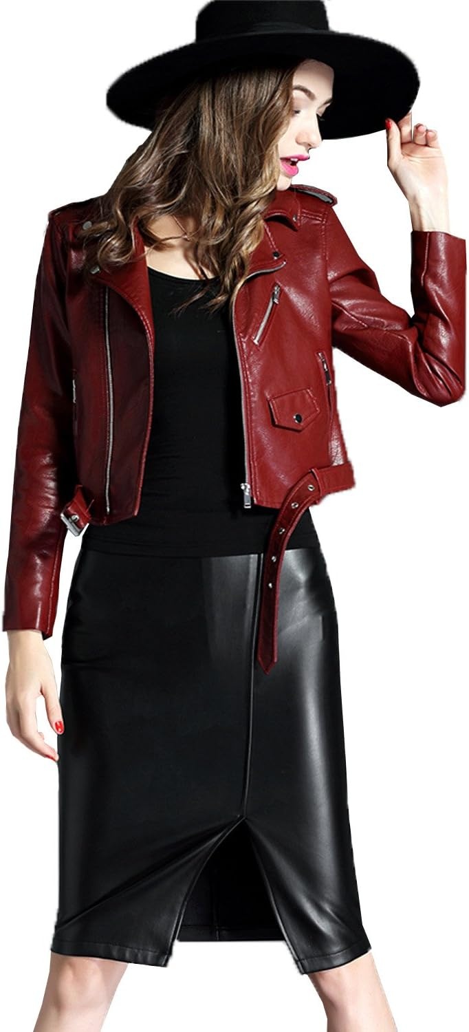 image:imageLY VAREY LIN Womens Faux Leather Motorcycle Jacket PU Slim Short Biker CoatWine Red