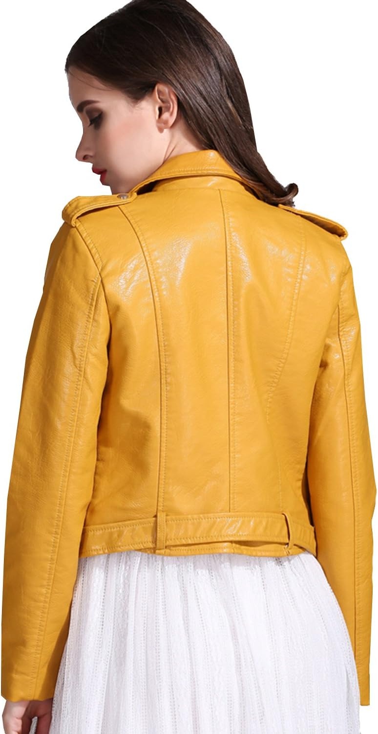 image:imageLY VAREY LIN Womens Faux Leather Motorcycle Jacket PU Slim Short Biker CoatYellow