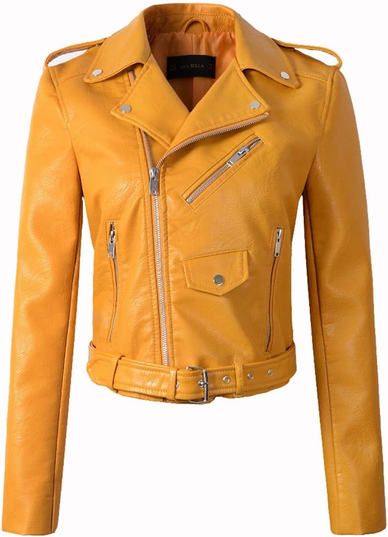 image:imageLY VAREY LIN Womens Faux Leather Motorcycle Jacket PU Slim Short Biker CoatYellow