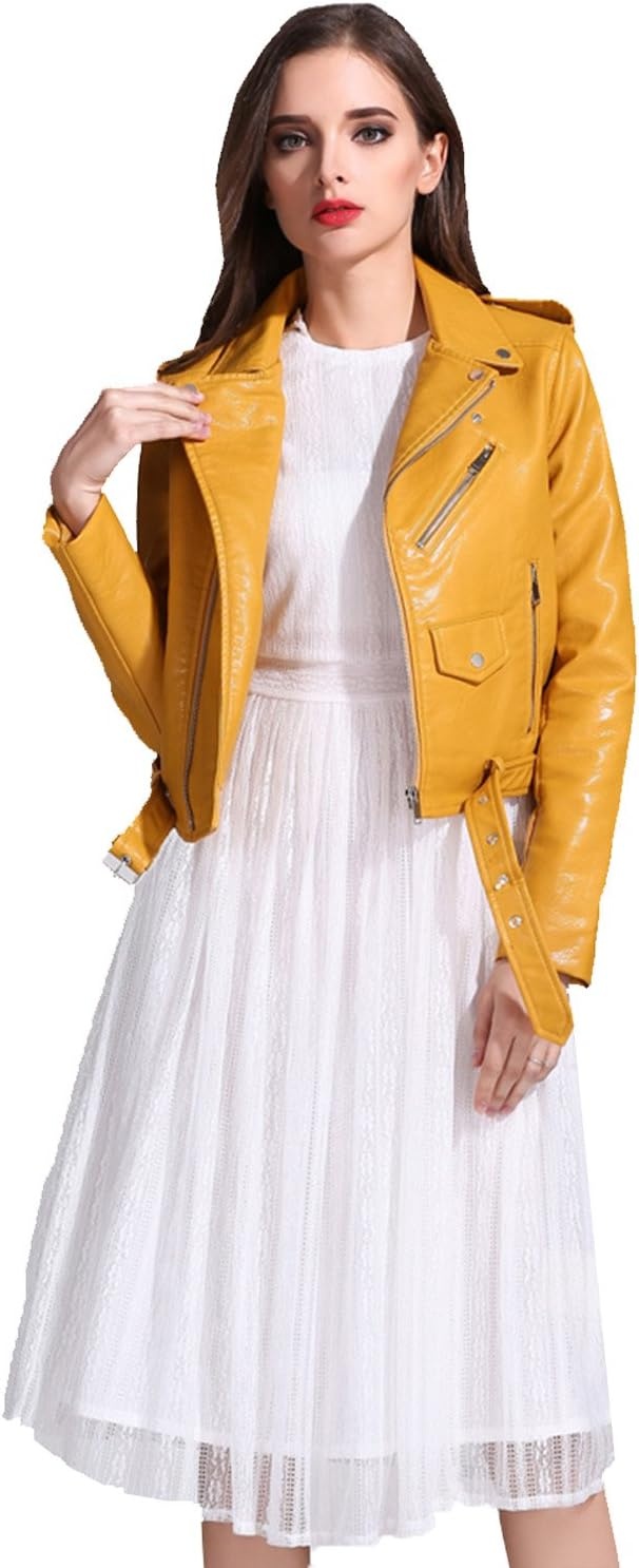 image:imageLY VAREY LIN Womens Faux Leather Motorcycle Jacket PU Slim Short Biker CoatYellow
