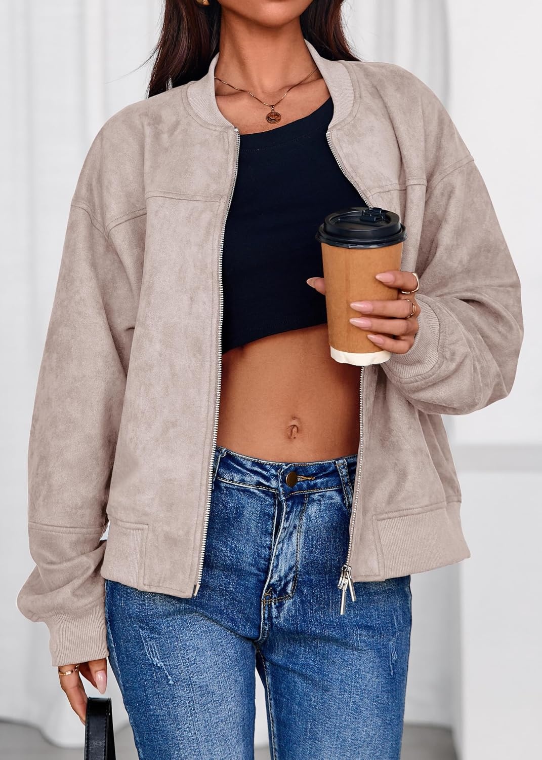 image:imageLazysmile Womens Faux Suede Bomber Jackets Fall Fashion OutfitsApricot