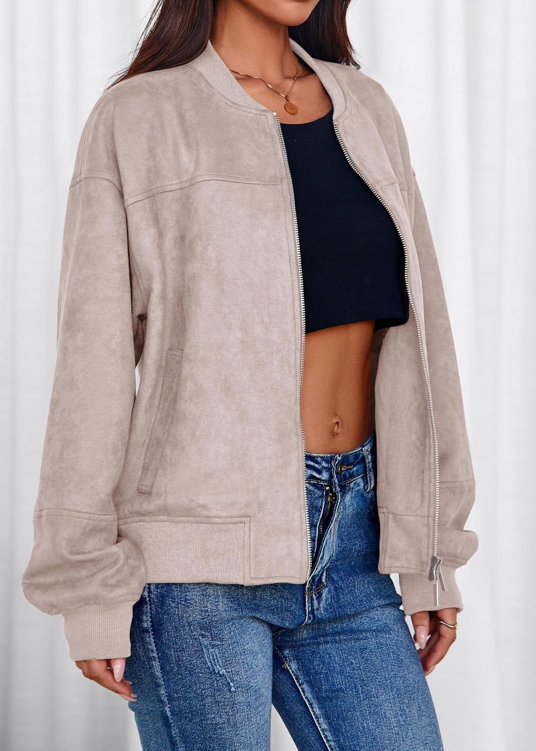 image:imageLazysmile Womens Faux Suede Bomber Jackets Fall Fashion OutfitsApricot
