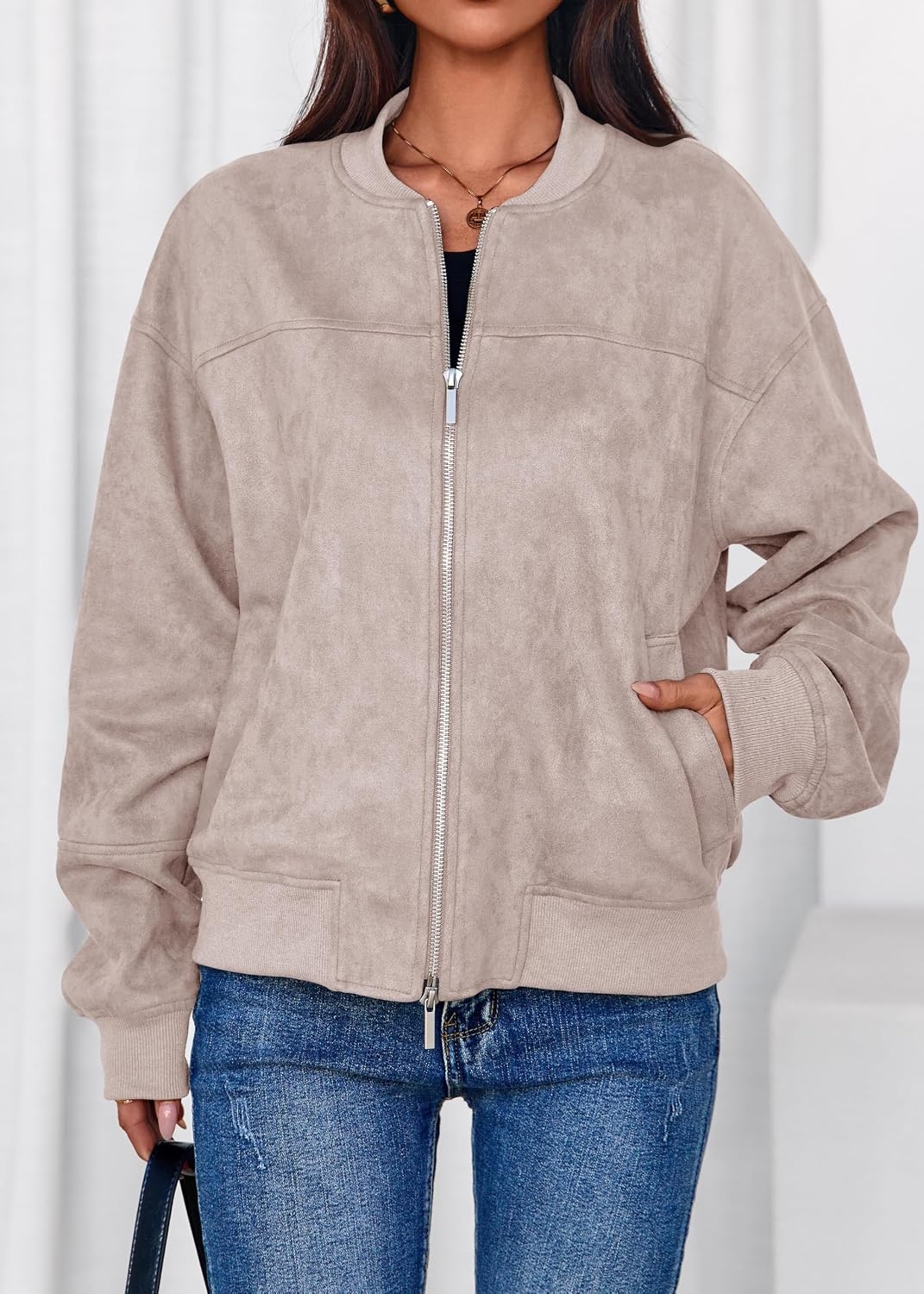 image:imageLazysmile Womens Faux Suede Bomber Jackets Fall Fashion OutfitsApricot