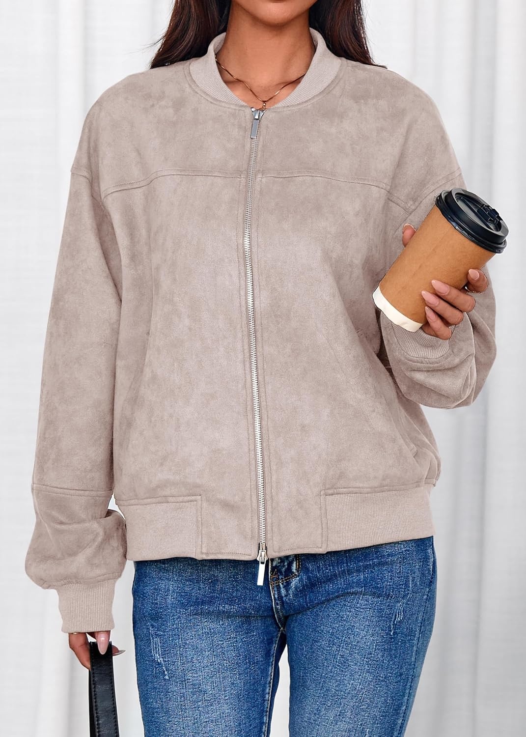 image:imageLazysmile Womens Faux Suede Bomber Jackets Fall Fashion OutfitsApricot