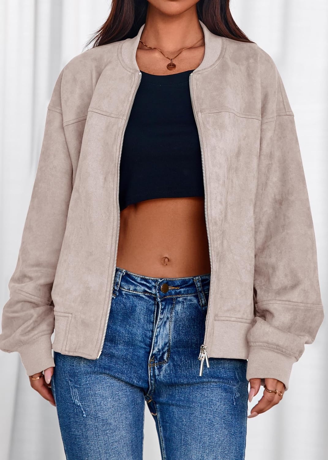 image:imageLazysmile Womens Faux Suede Bomber Jackets Fall Fashion OutfitsApricot