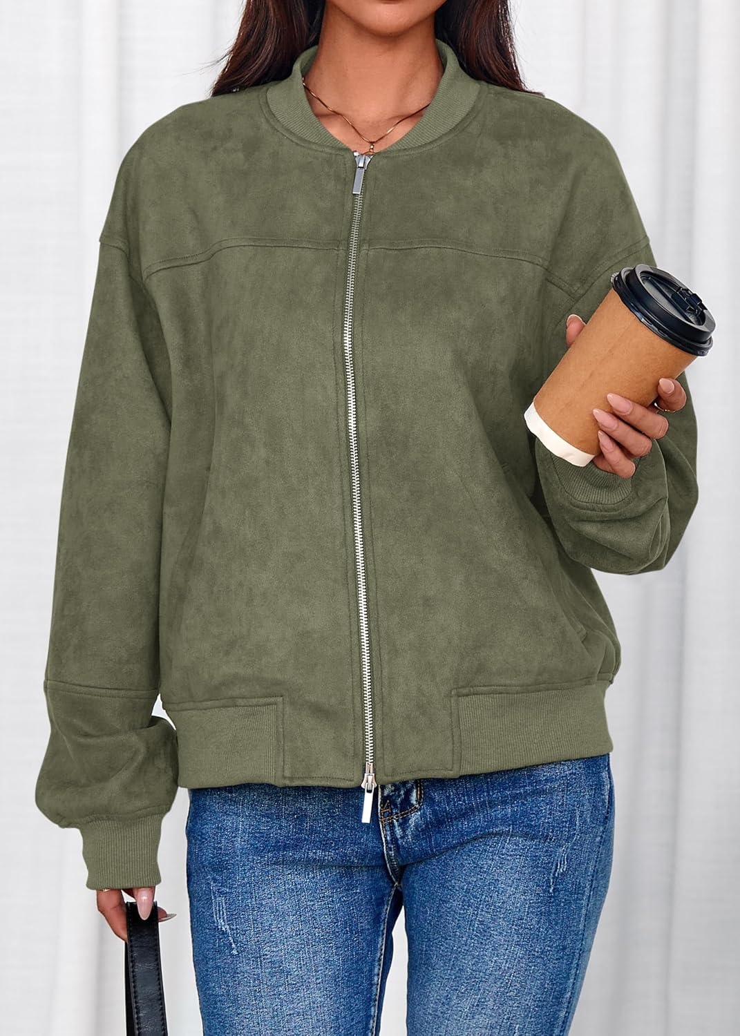 image:imageLazysmile Womens Faux Suede Bomber Jackets Fall Fashion OutfitsArmy Green