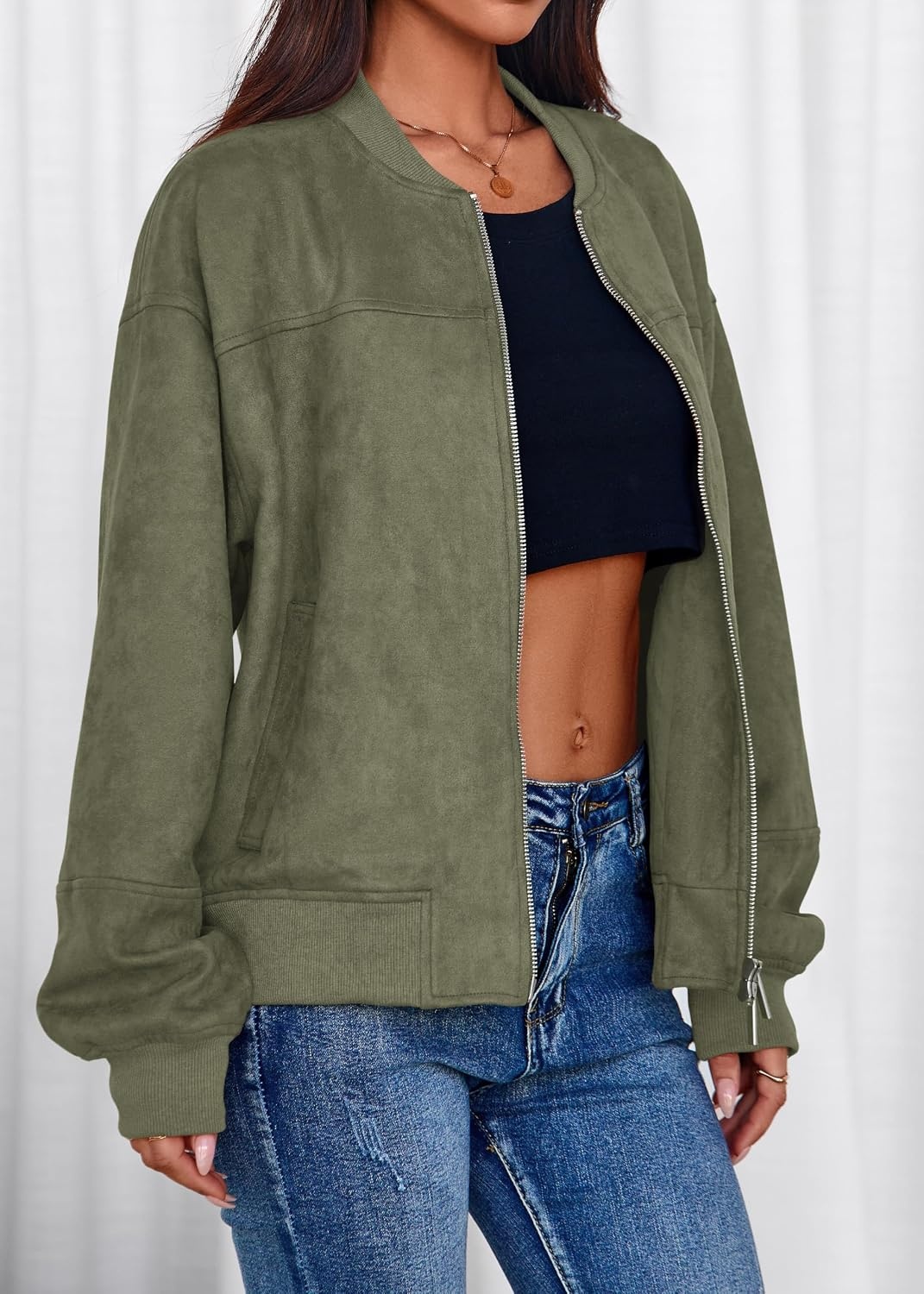 image:imageLazysmile Womens Faux Suede Bomber Jackets Fall Fashion OutfitsArmy Green