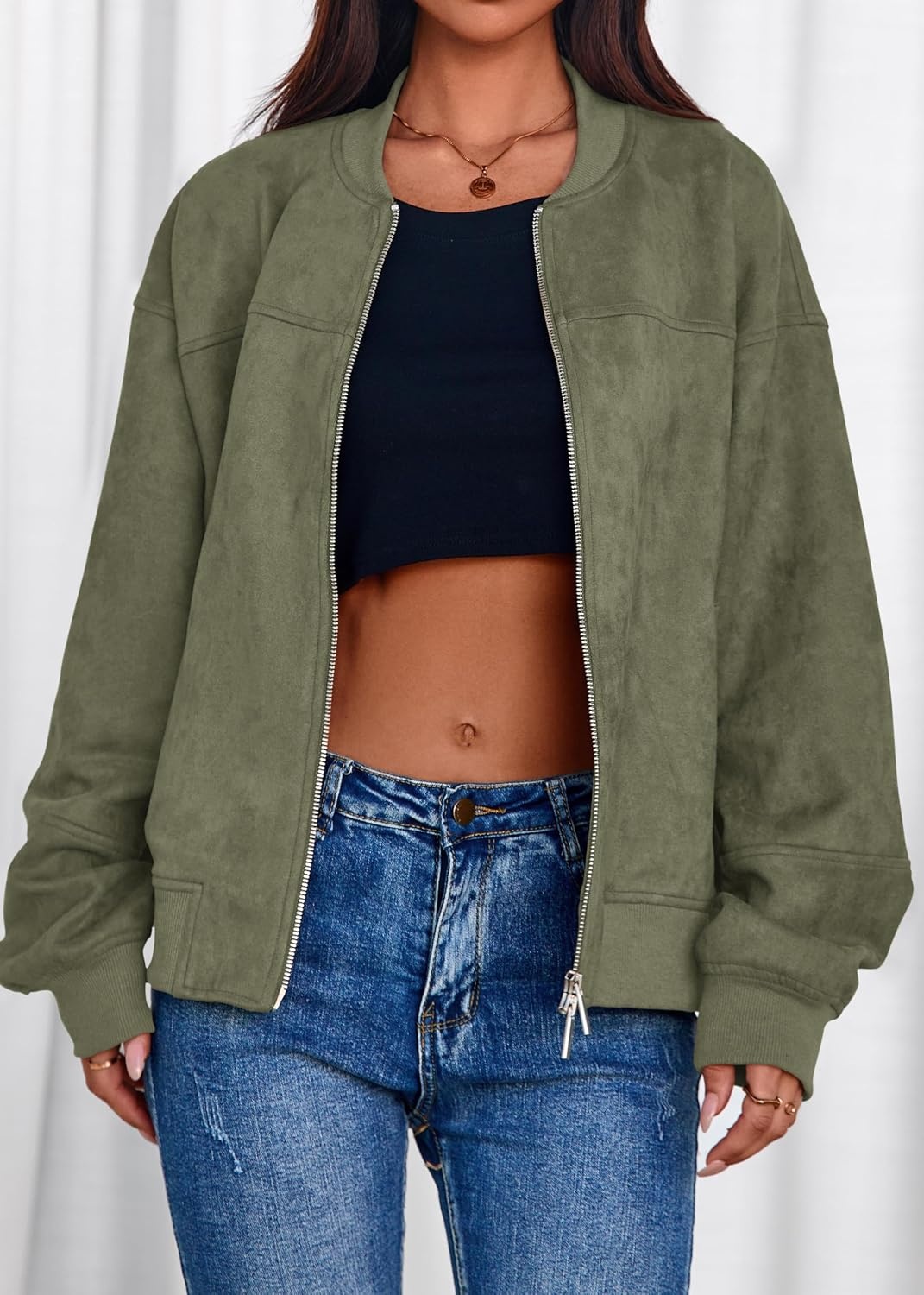 image:imageLazysmile Womens Faux Suede Bomber Jackets Fall Fashion OutfitsArmy Green