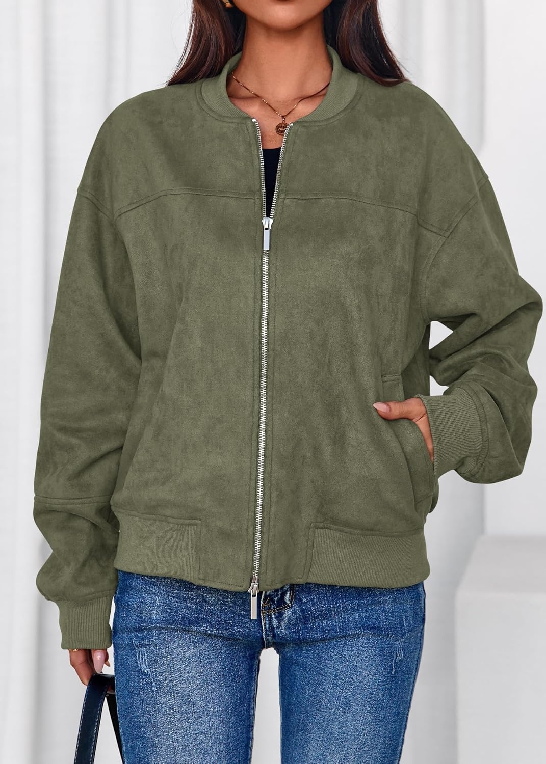 image:imageLazysmile Womens Faux Suede Bomber Jackets Fall Fashion OutfitsArmy Green