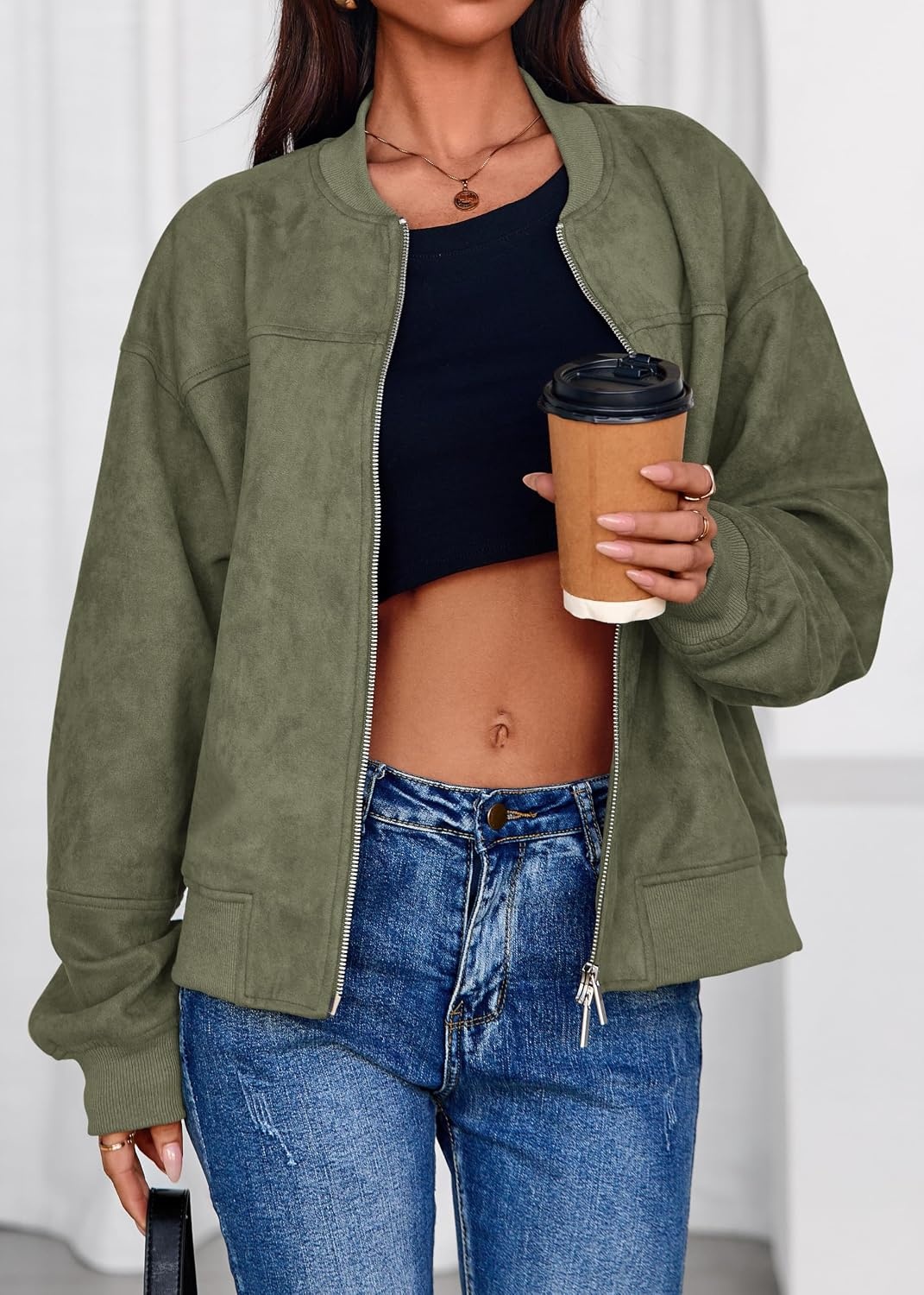 image:imageLazysmile Womens Faux Suede Bomber Jackets Fall Fashion OutfitsArmy Green