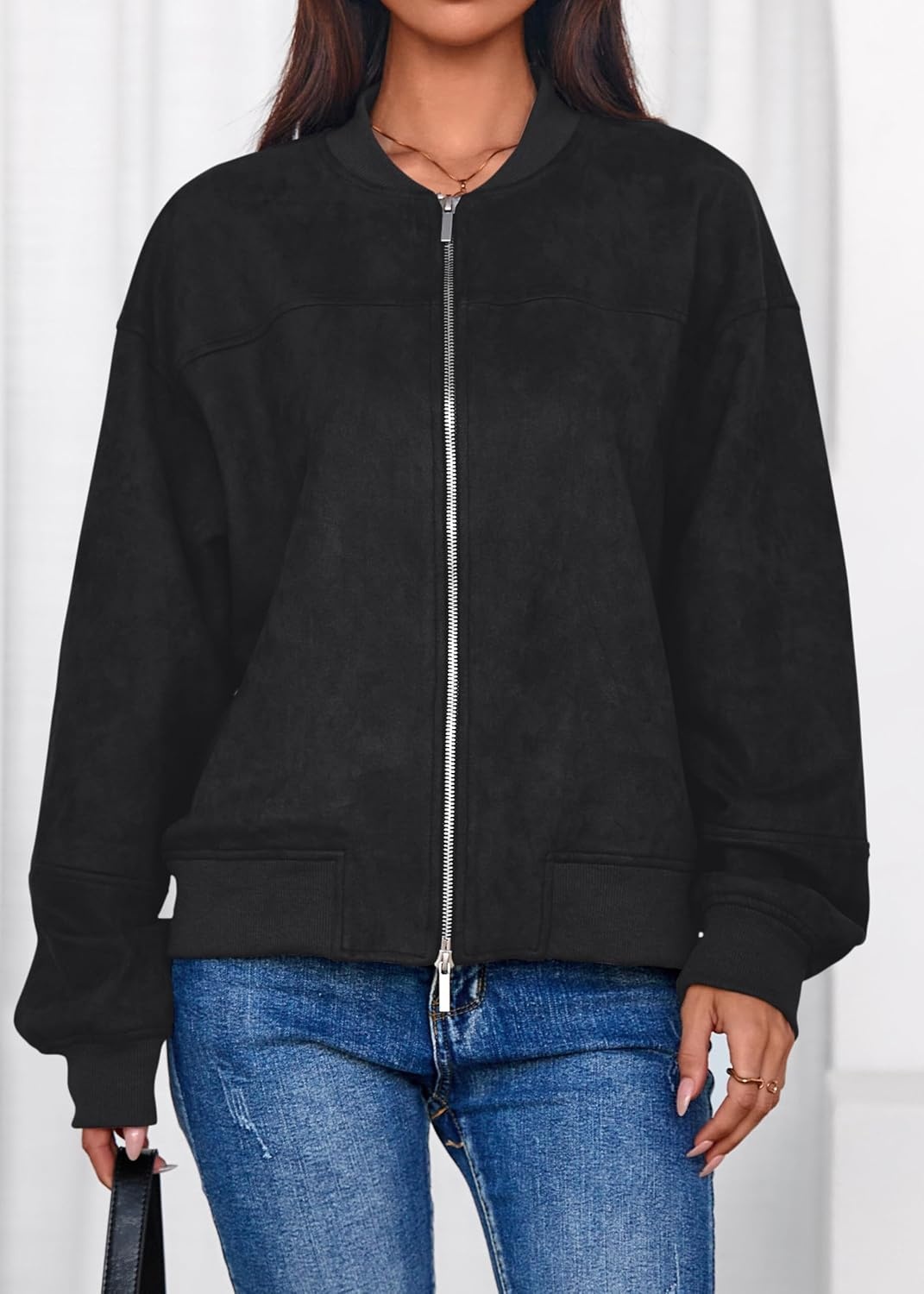 image:imageLazysmile Womens Faux Suede Bomber Jackets Fall Fashion OutfitsBlack