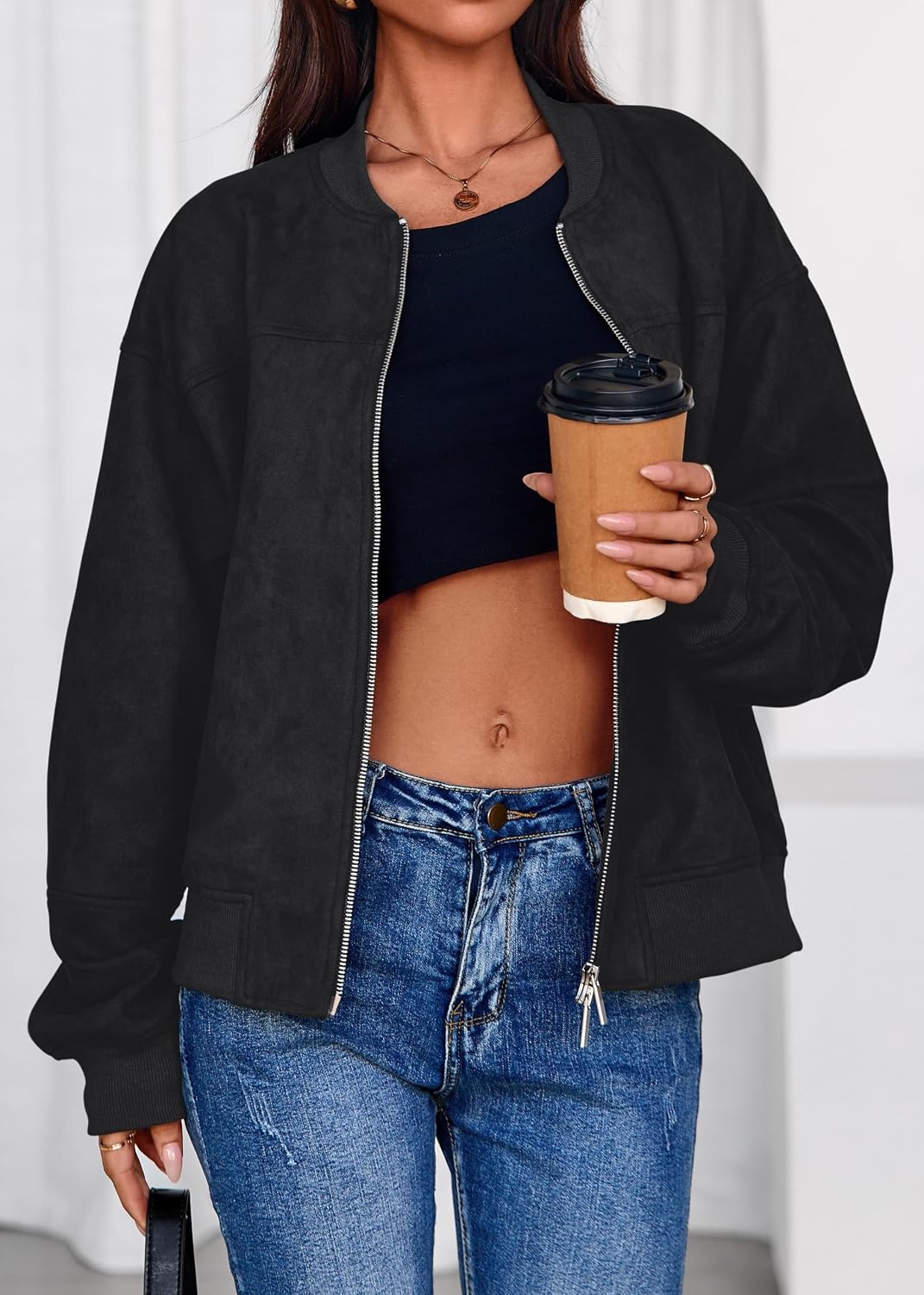 image:imageLazysmile Womens Faux Suede Bomber Jackets Fall Fashion OutfitsBlack