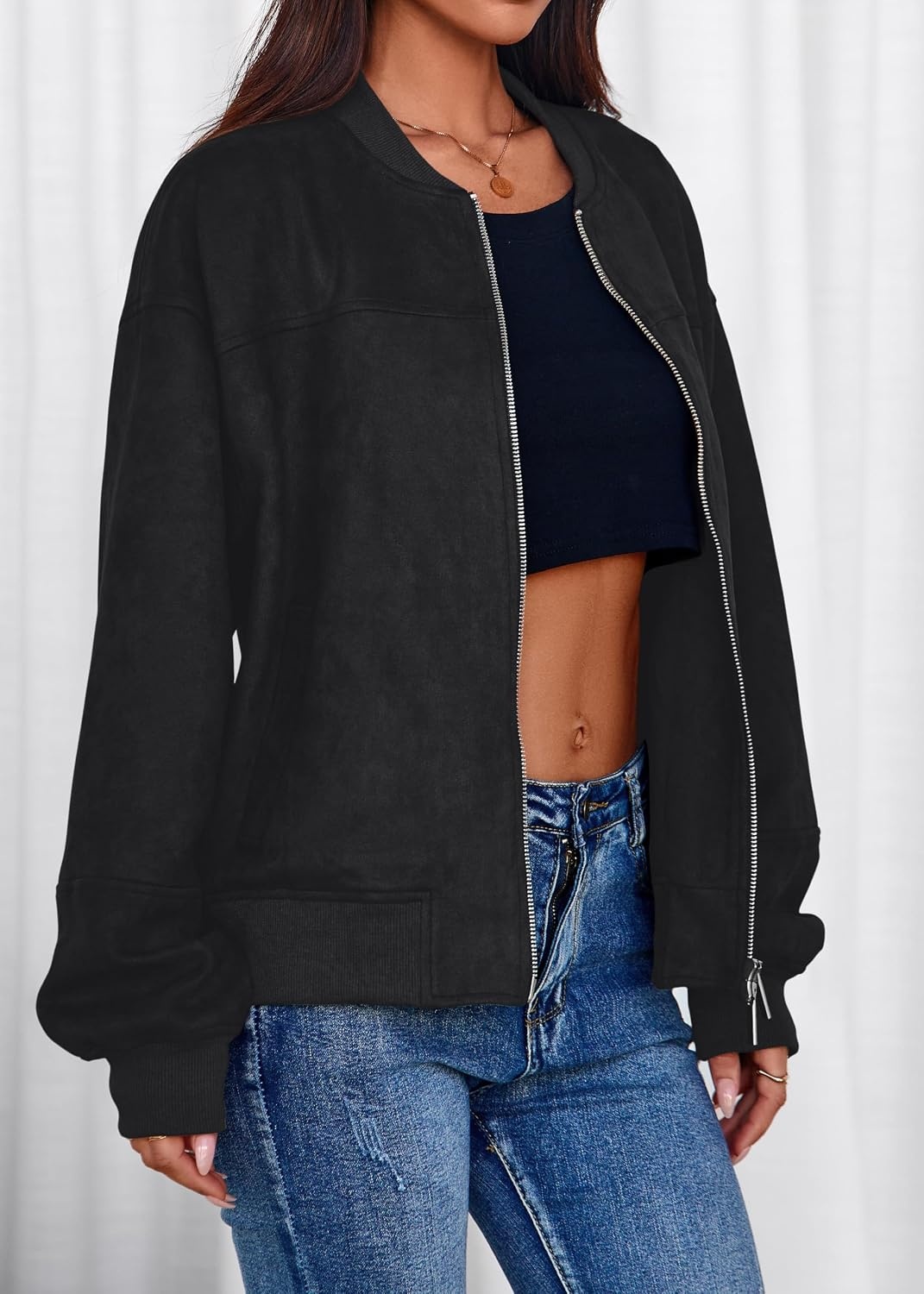 image:imageLazysmile Womens Faux Suede Bomber Jackets Fall Fashion OutfitsBlack