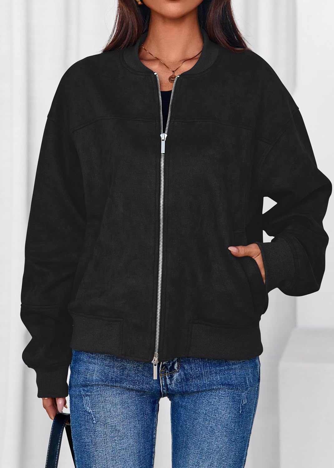 image:imageLazysmile Womens Faux Suede Bomber Jackets Fall Fashion OutfitsBlack