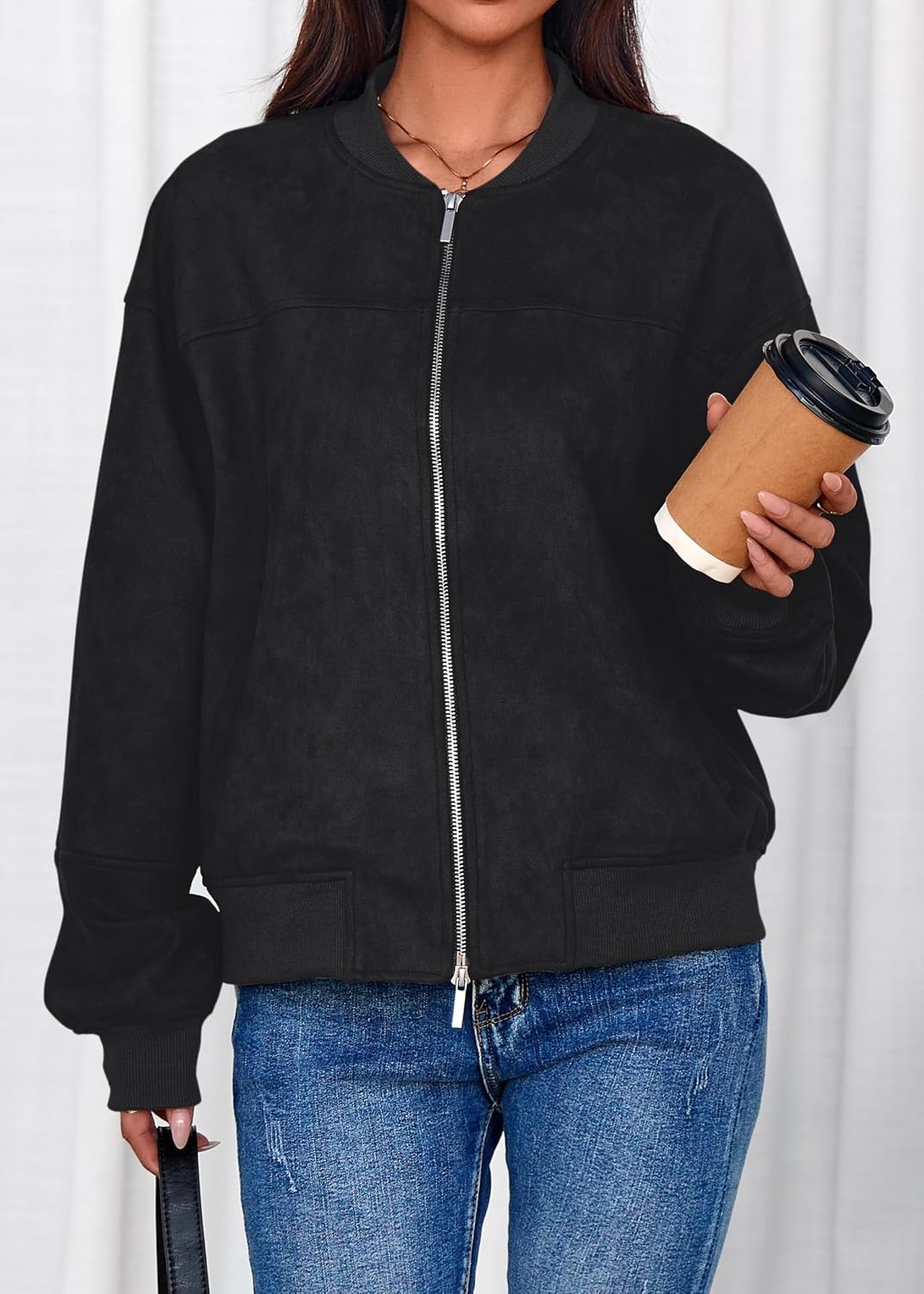 image:imageLazysmile Womens Faux Suede Bomber Jackets Fall Fashion OutfitsBlack