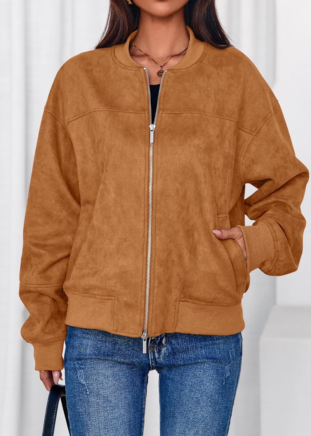 image:imageLazysmile Womens Faux Suede Bomber Jackets Fall Fashion OutfitsBrown