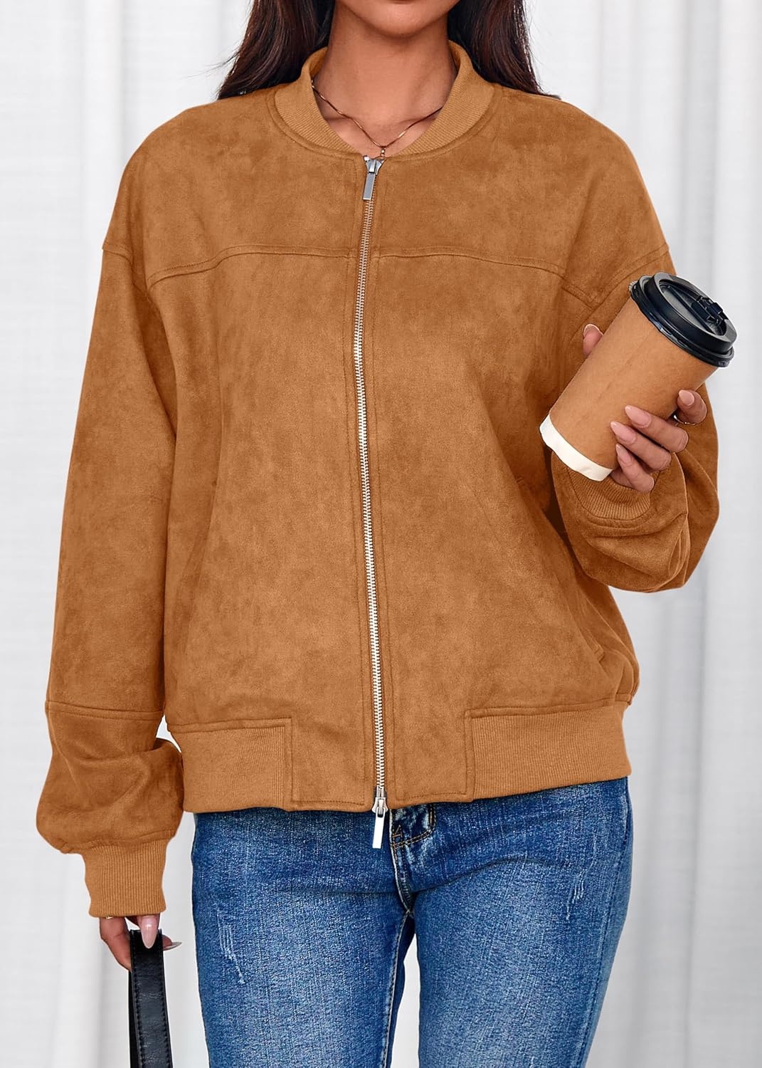 image:imageLazysmile Womens Faux Suede Bomber Jackets Fall Fashion OutfitsBrown
