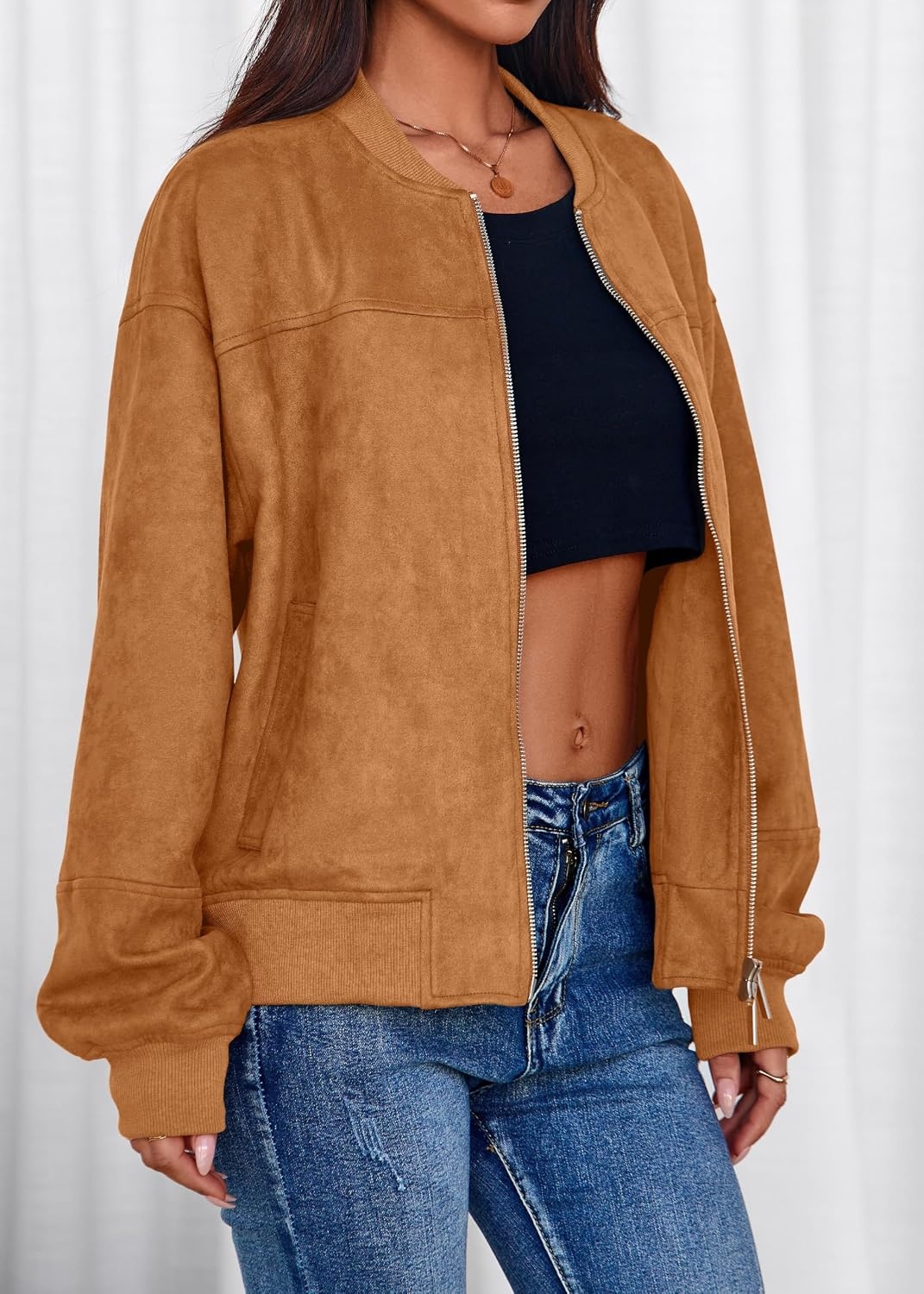 image:imageLazysmile Womens Faux Suede Bomber Jackets Fall Fashion OutfitsBrown