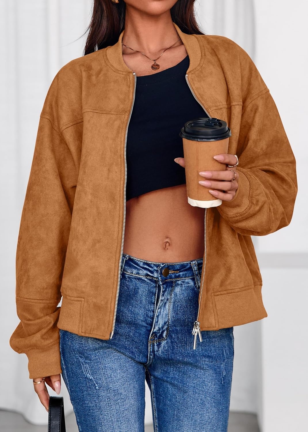 image:imageLazysmile Womens Faux Suede Bomber Jackets Fall Fashion OutfitsBrown