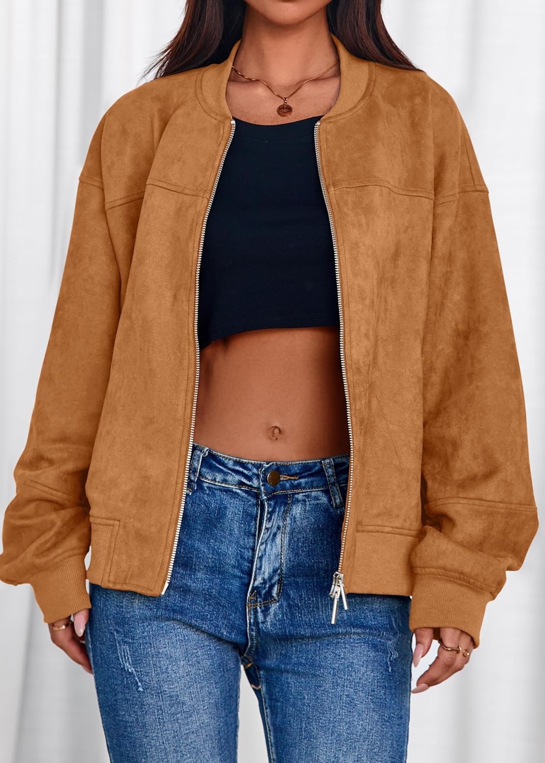 image:imageLazysmile Womens Faux Suede Bomber Jackets Fall Fashion OutfitsBrown