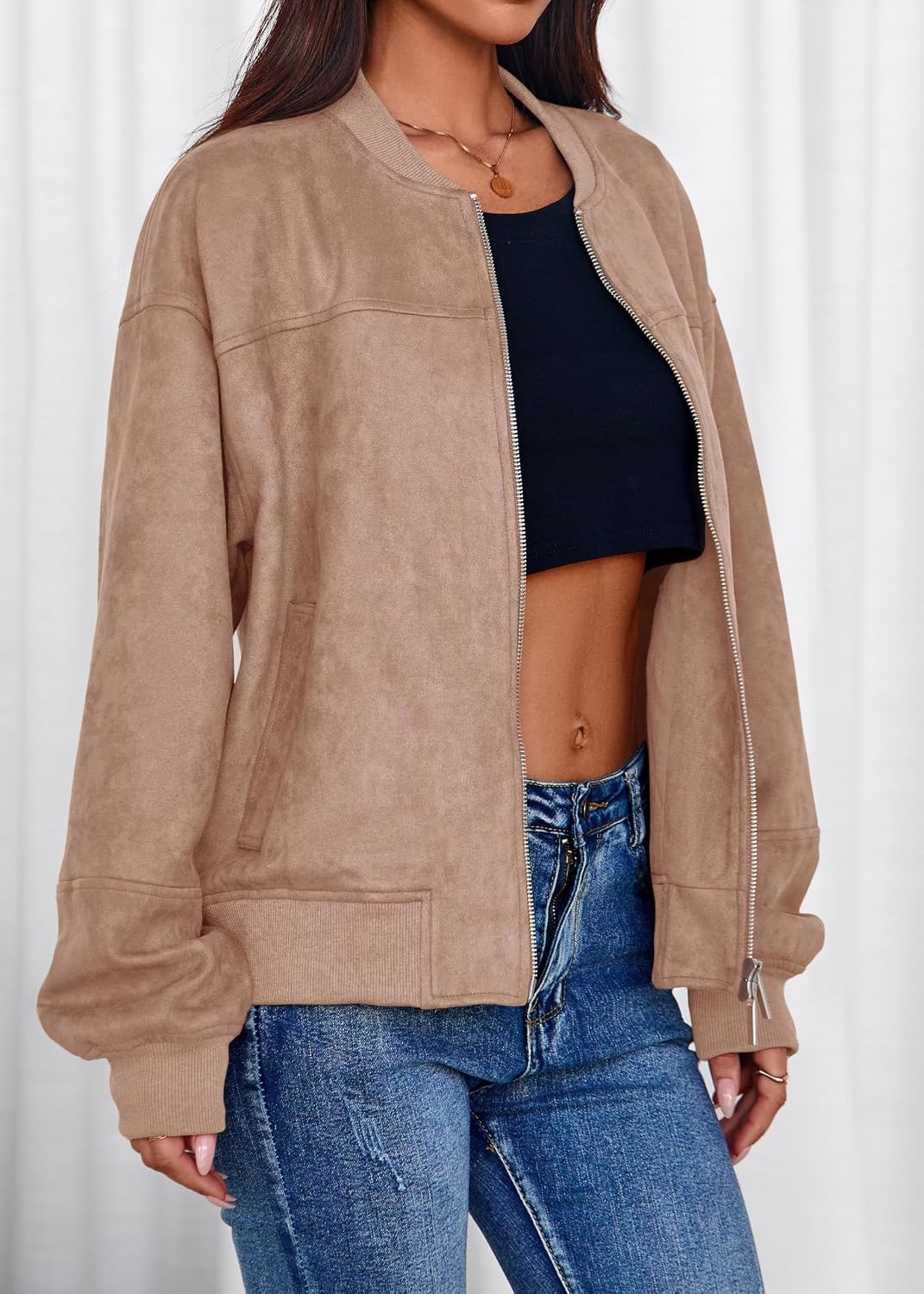 image:imageLazysmile Womens Faux Suede Bomber Jackets Fall Fashion OutfitsCamel