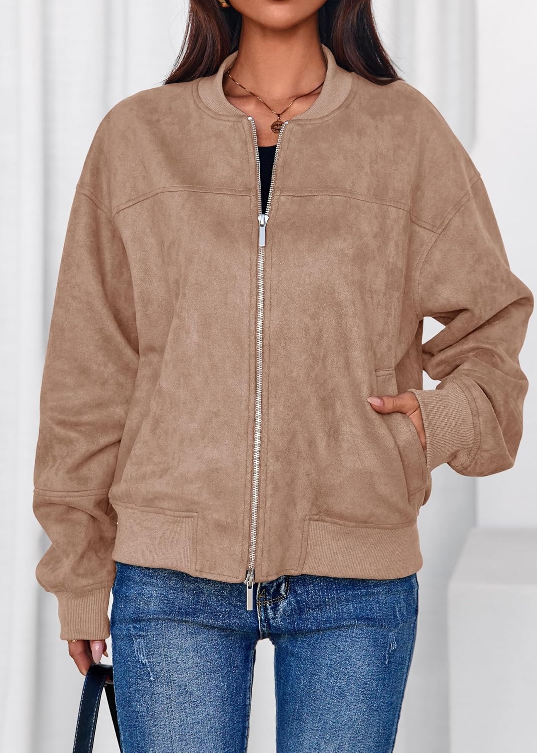 image:imageLazysmile Womens Faux Suede Bomber Jackets Fall Fashion OutfitsCamel