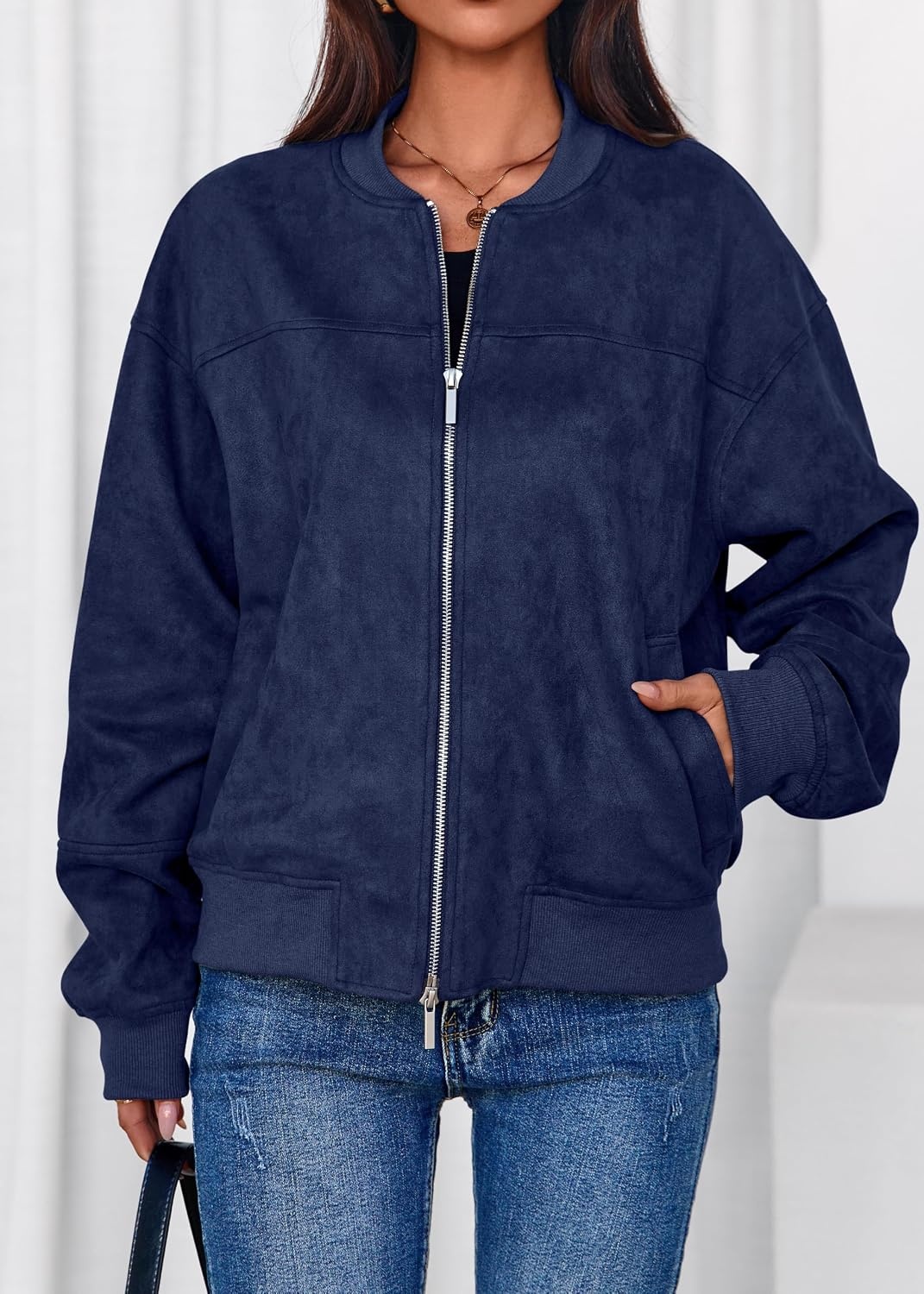 image:imageLazysmile Womens Faux Suede Bomber Jackets Fall Fashion OutfitsNavy