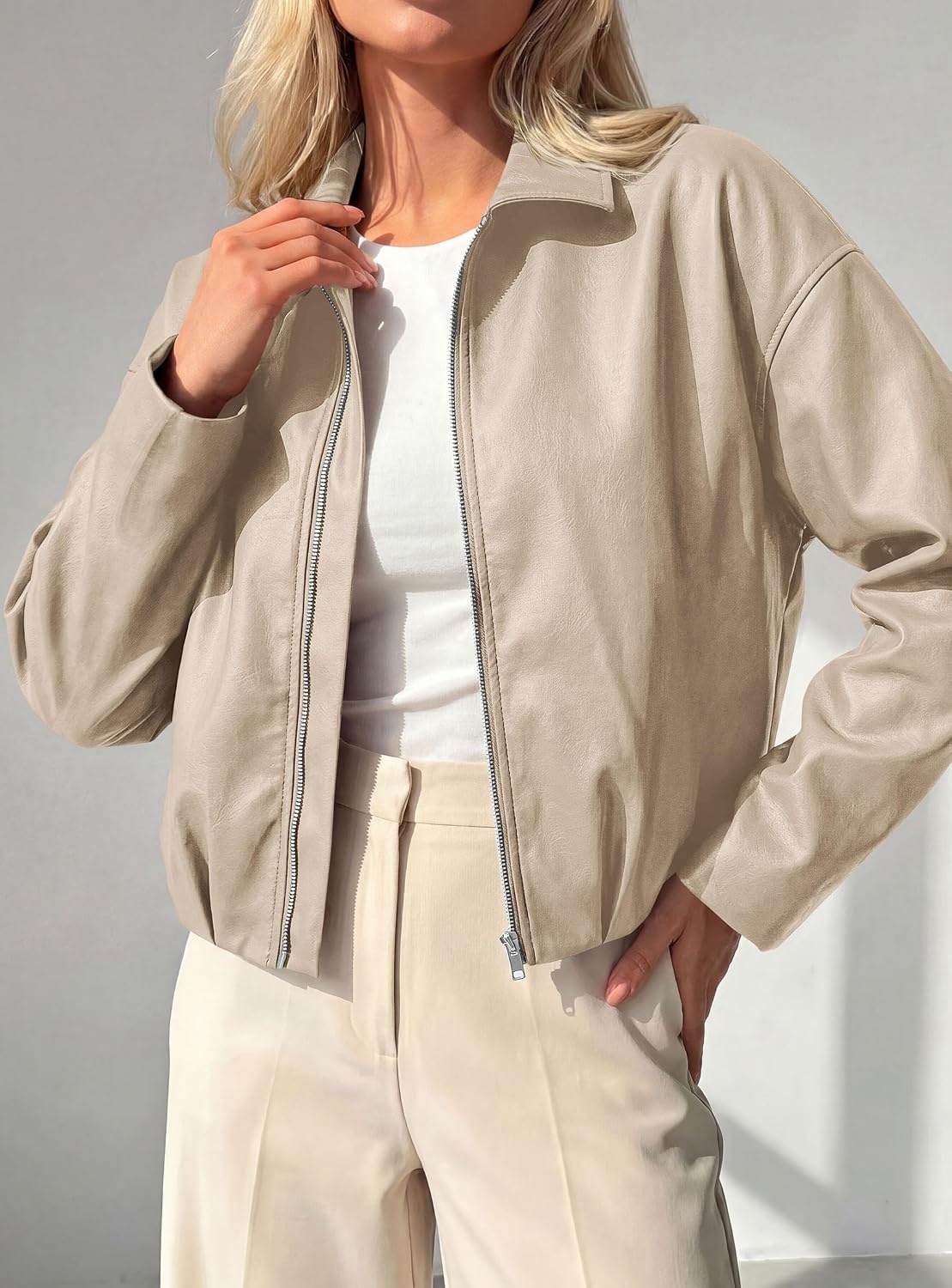 image:imagePRETTYGARDEN Faux Leather Motorcycle Jackets Womens CoatApricot
