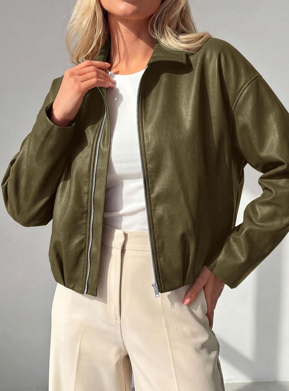 image:imagePRETTYGARDEN Faux Leather Motorcycle Jackets Womens CoatArmy Green