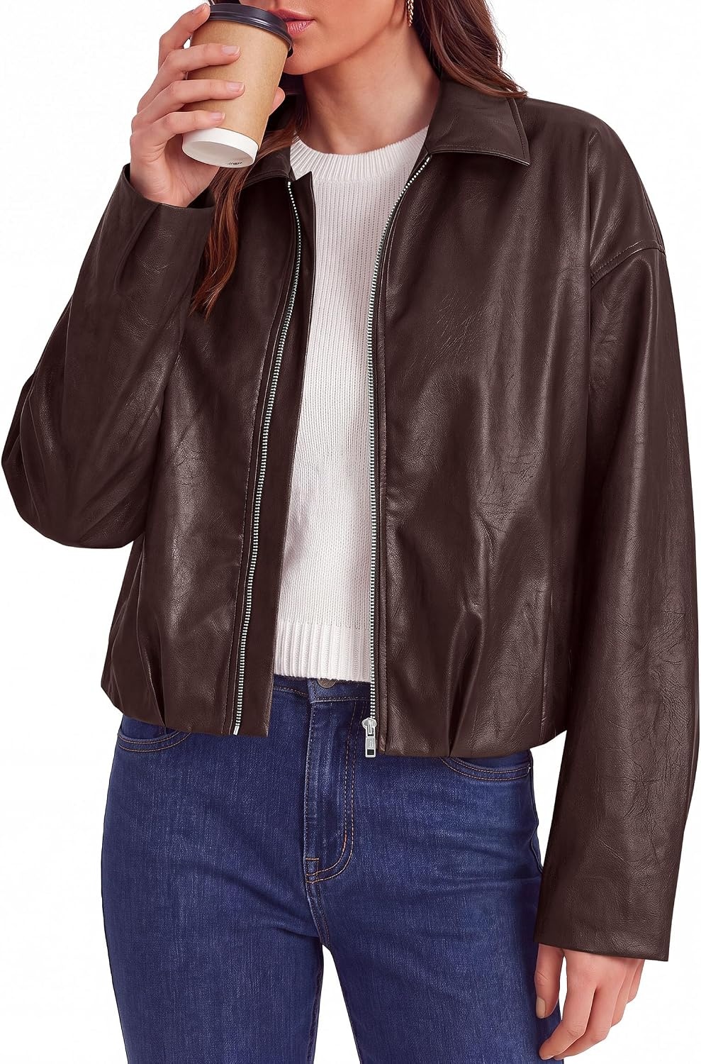 image:imagePRETTYGARDEN Faux Leather Motorcycle Jackets Womens CoatDark Brown