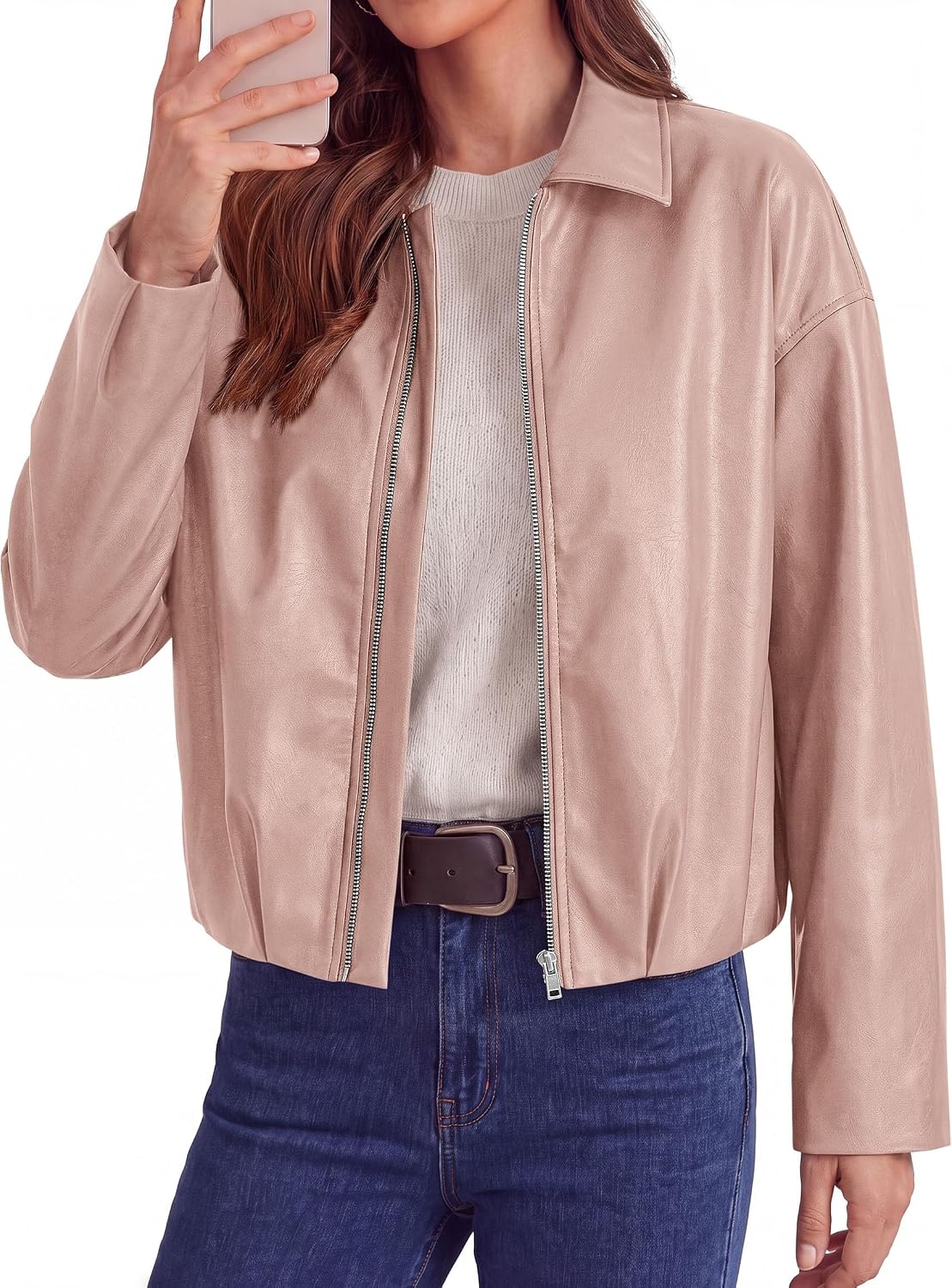 image:imagePRETTYGARDEN Faux Leather Motorcycle Jackets Womens CoatPink