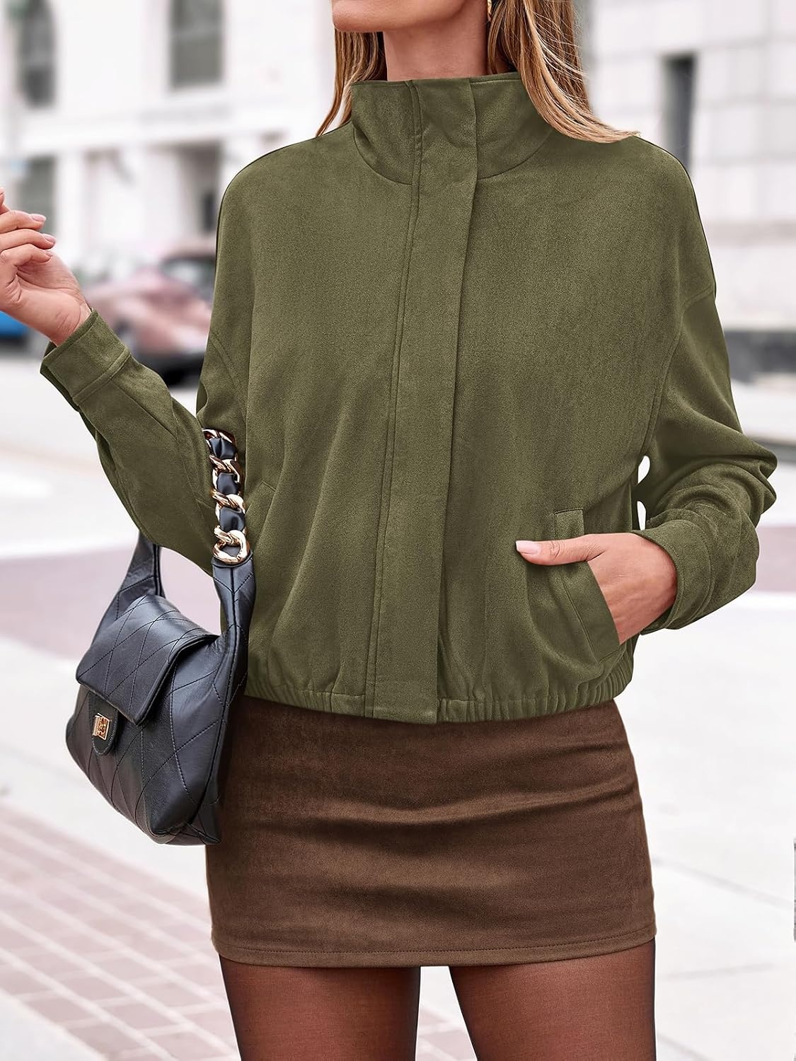image:imagePRETTYGARDEN Lightweight Faux Suede Bomber Jacket Women Coats OuterwearArmy Green