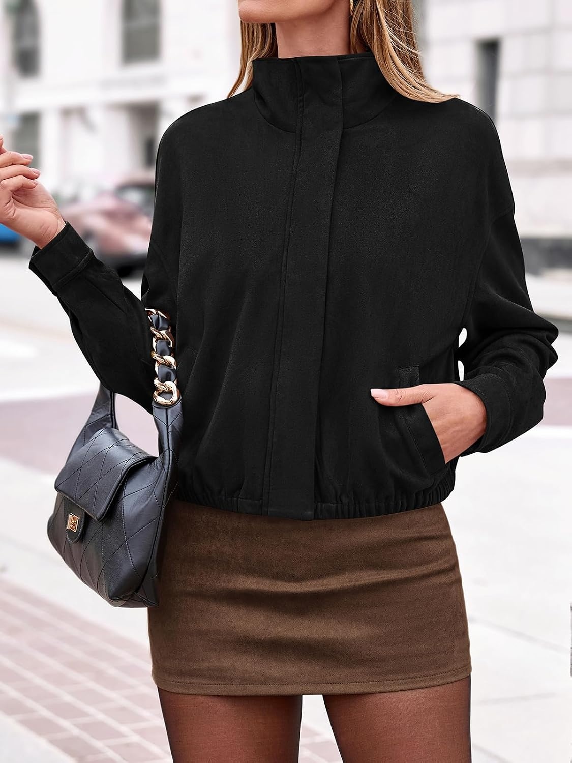 image:imagePRETTYGARDEN Lightweight Faux Suede Bomber Jacket Women Coats OuterwearBlack