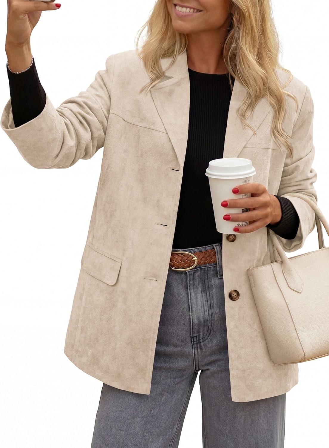 image:imagePRETTYGARDEN Womens Faux Suede Western Blazer JacketBeige