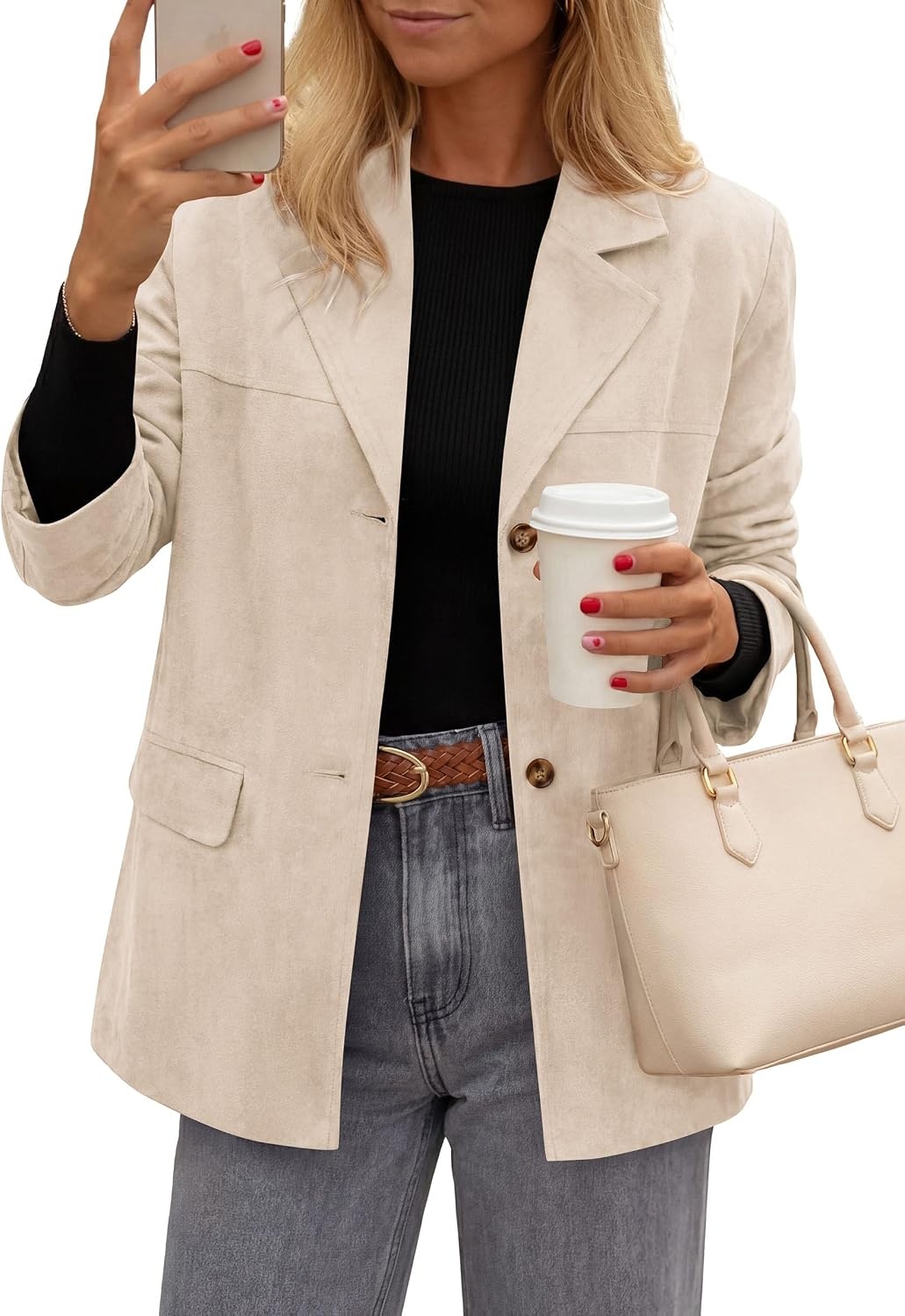 image:imagePRETTYGARDEN Womens Faux Suede Western Blazer JacketBeige