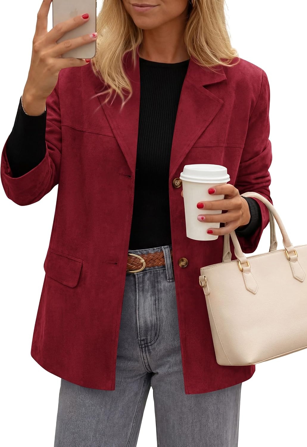 image:imagePRETTYGARDEN Womens Faux Suede Western Blazer JacketBurgundy