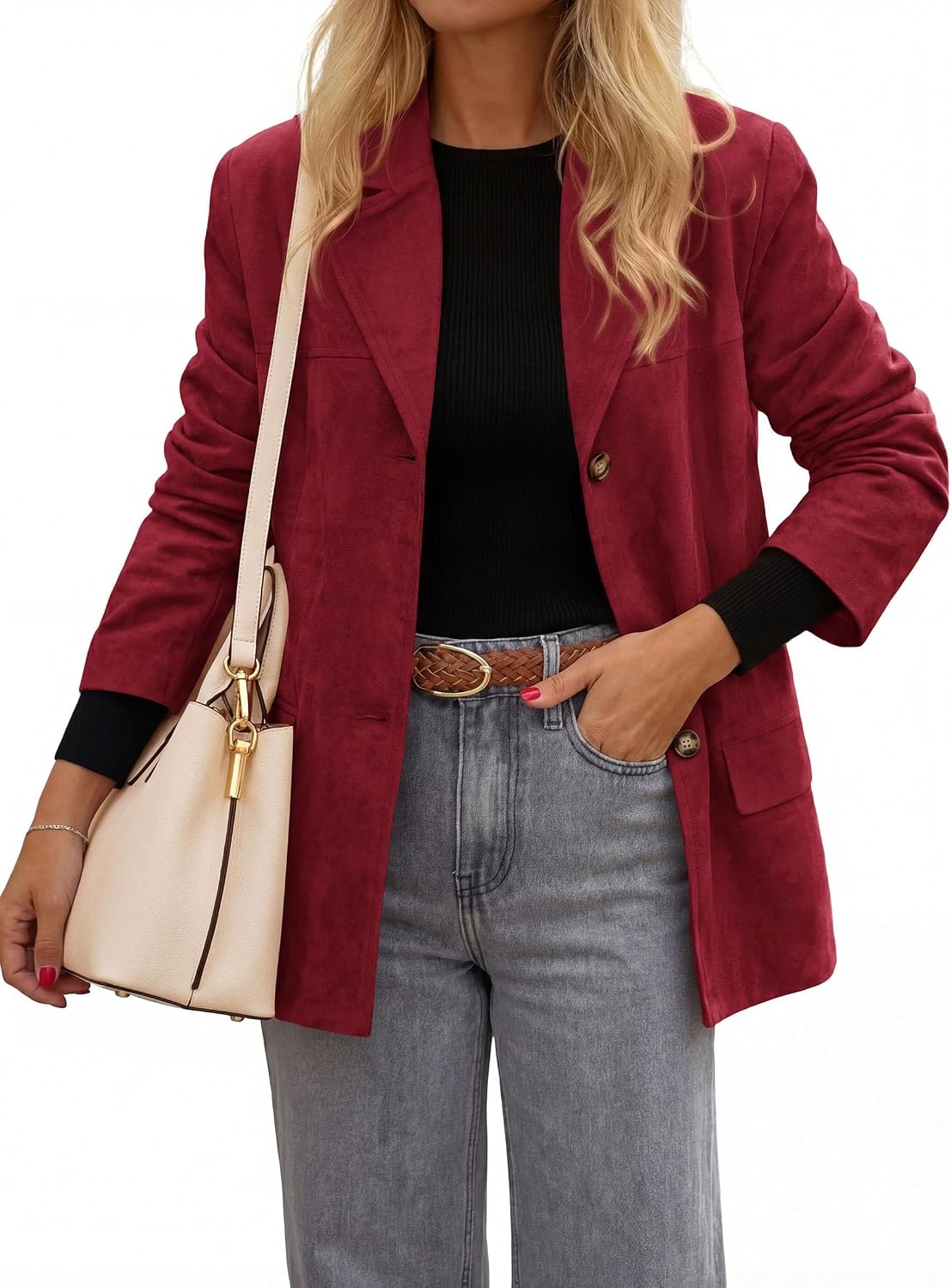 image:imagePRETTYGARDEN Womens Faux Suede Western Blazer JacketBurgundy
