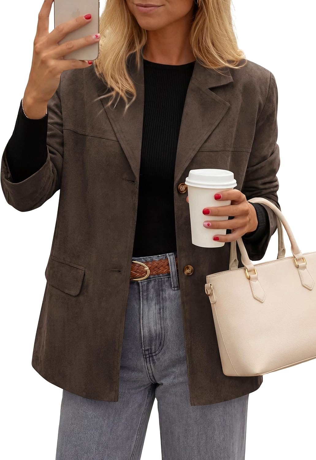 image:imagePRETTYGARDEN Womens Faux Suede Western Blazer JacketDark Brown