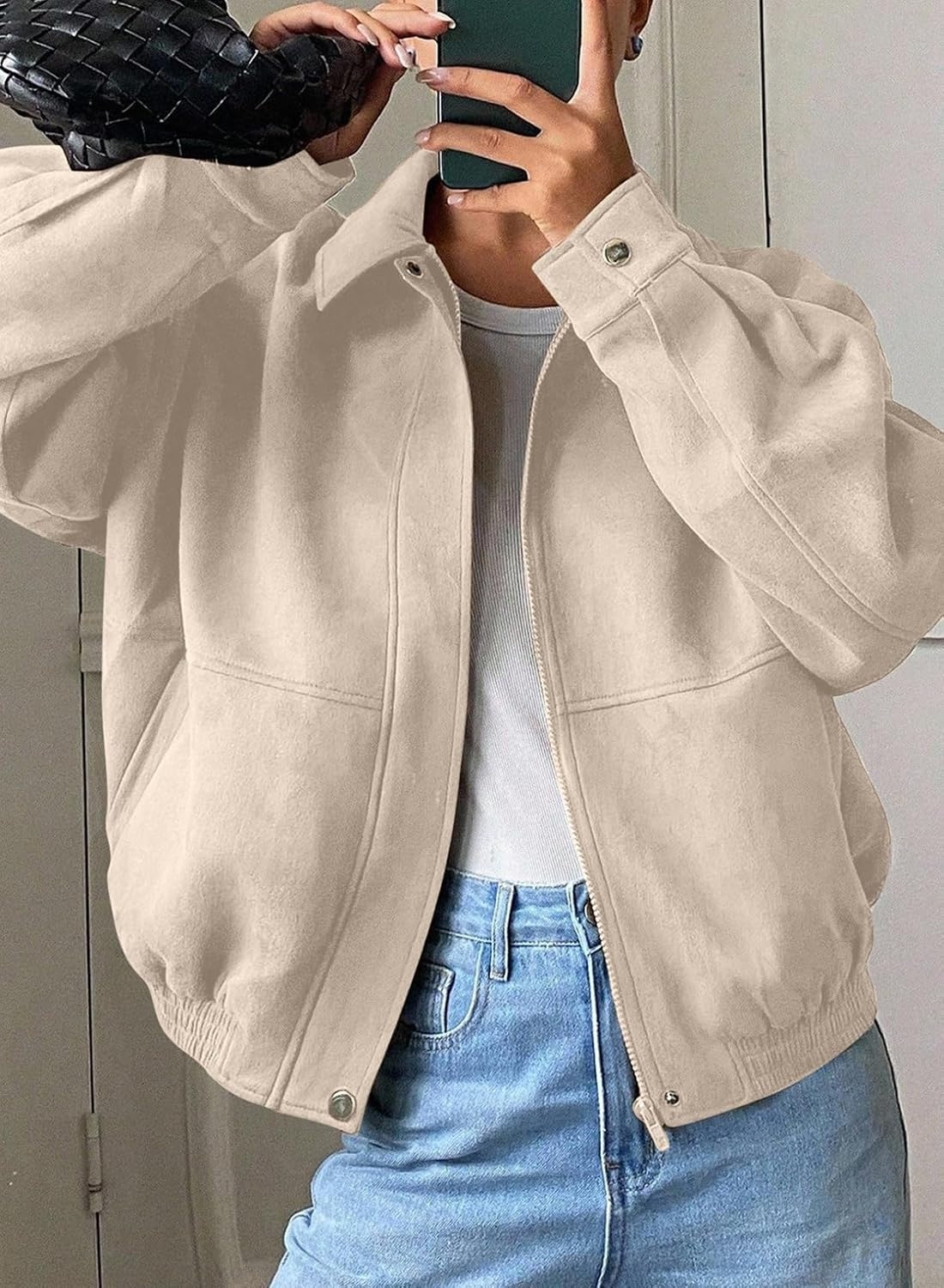 image:imageSHEWIN Womens Faux Suede Bomber Jacket Oversized Zip Up Cropped CoatBeige