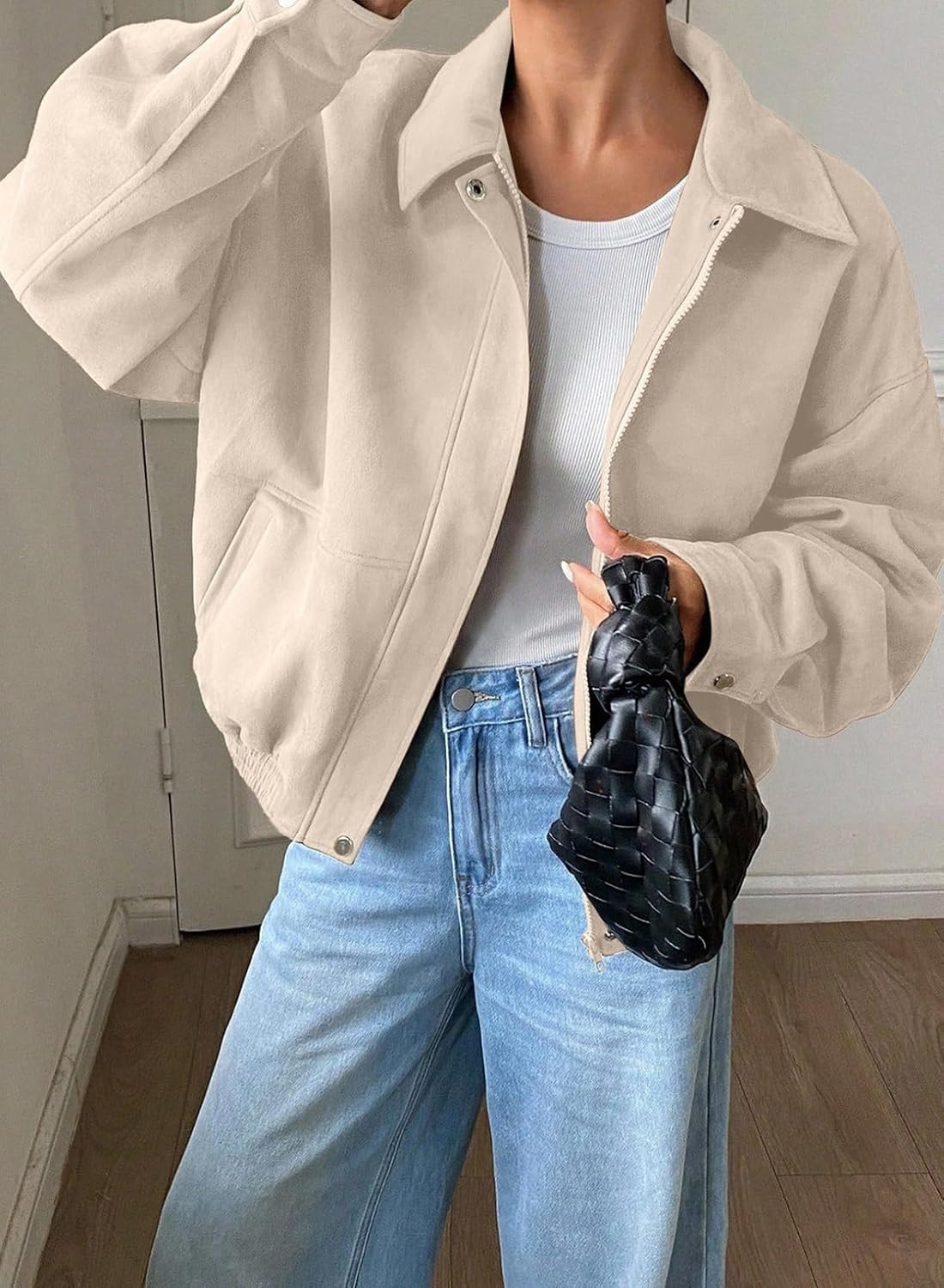 image:imageSHEWIN Womens Faux Suede Bomber Jacket Oversized Zip Up Cropped CoatBeige