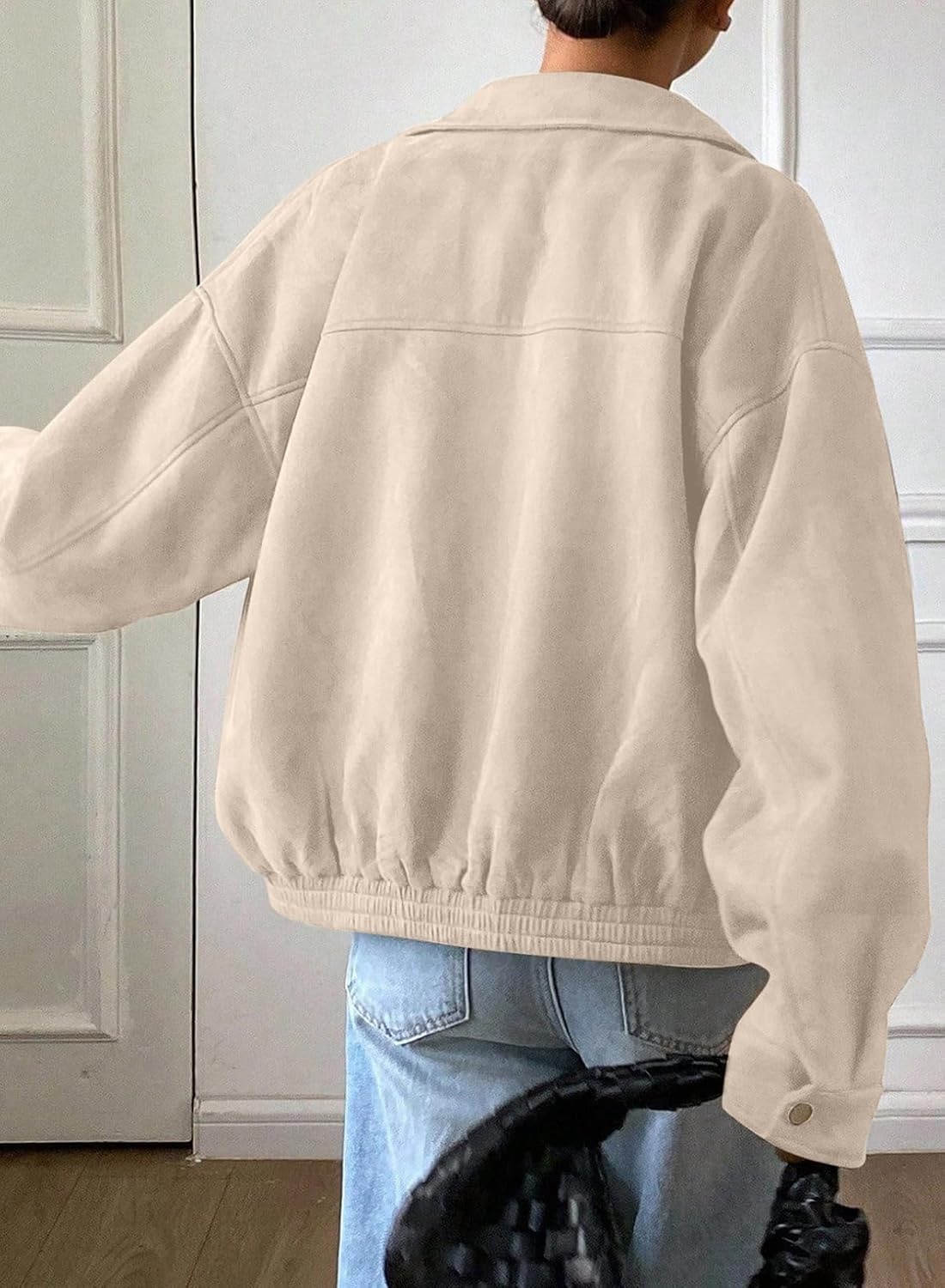 image:imageSHEWIN Womens Faux Suede Bomber Jacket Oversized Zip Up Cropped CoatBeige
