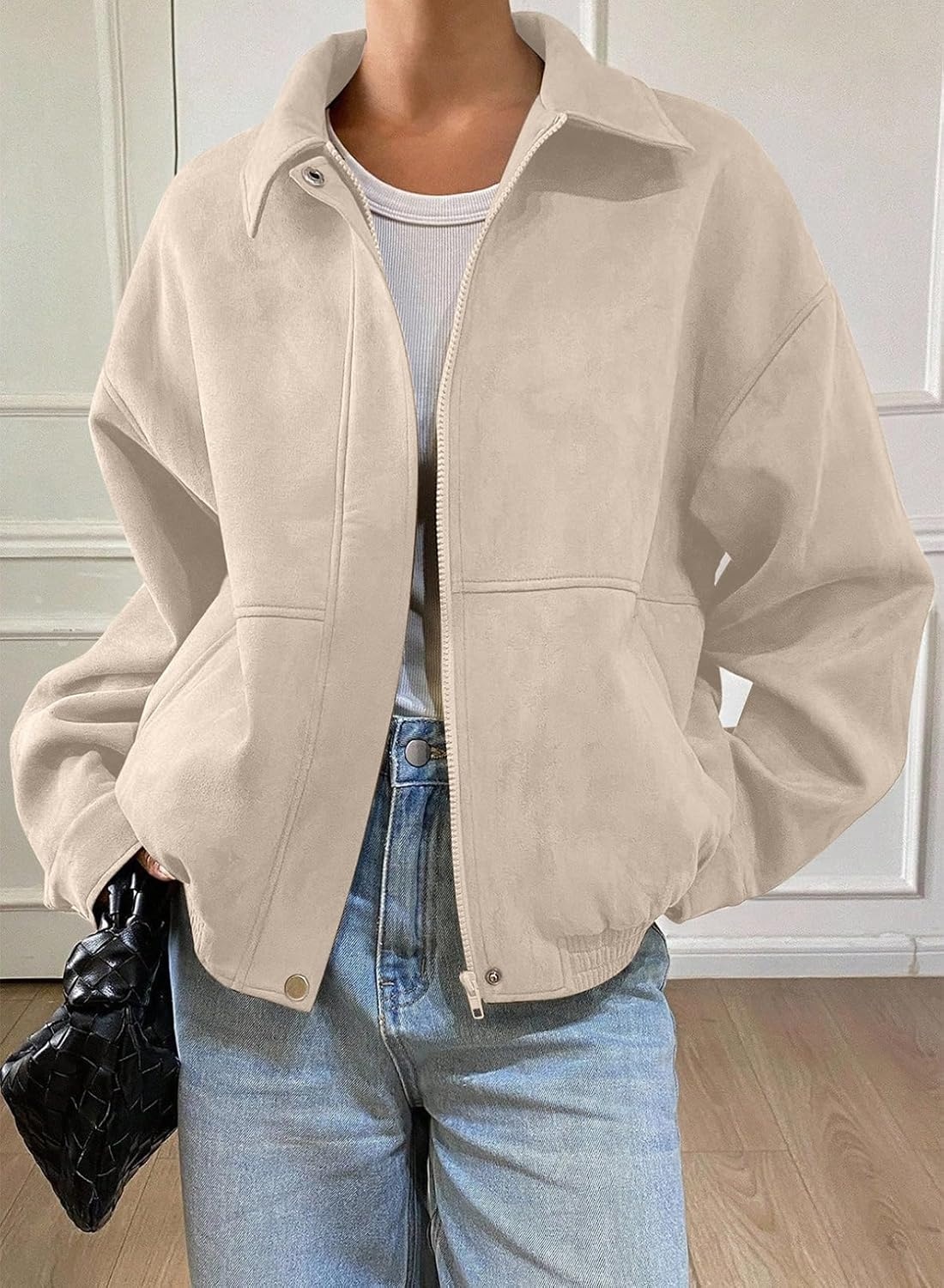 image:imageSHEWIN Womens Faux Suede Bomber Jacket Oversized Zip Up Cropped CoatBeige