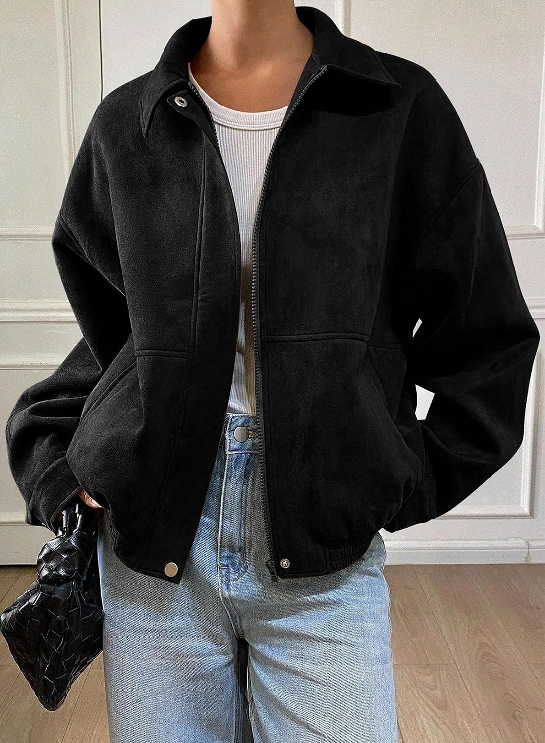 image:imageSHEWIN Womens Faux Suede Bomber Jacket Oversized Zip Up Cropped CoatBlack