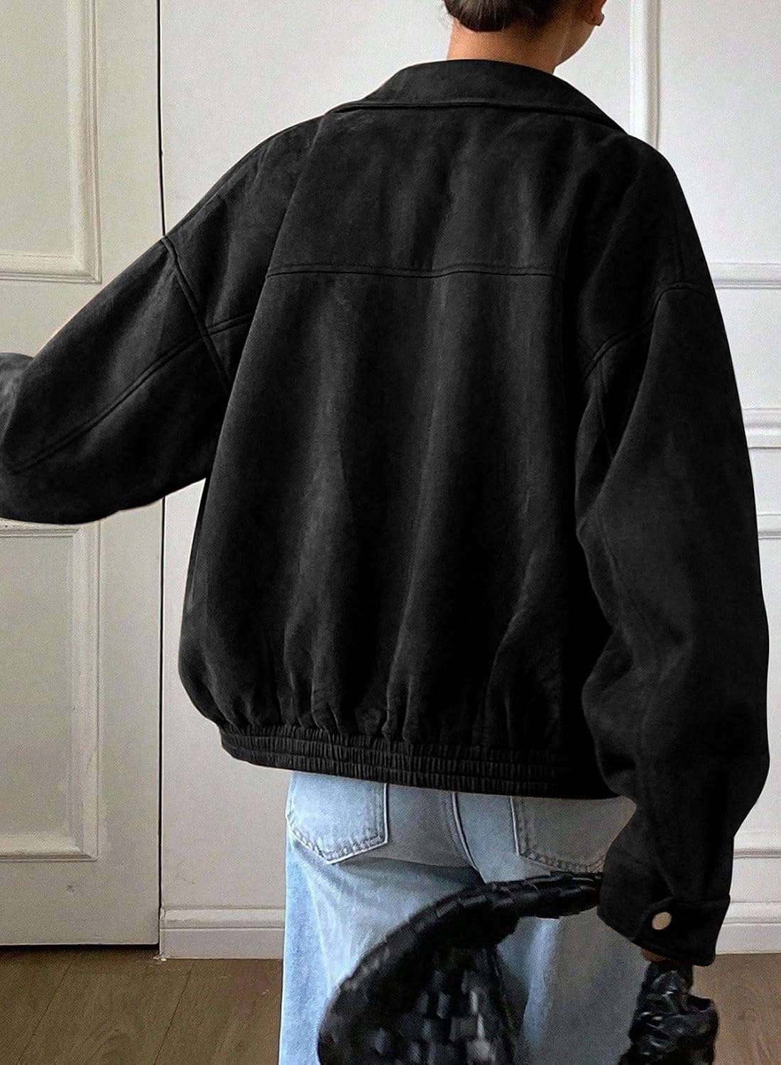 image:imageSHEWIN Womens Faux Suede Bomber Jacket Oversized Zip Up Cropped CoatBlack